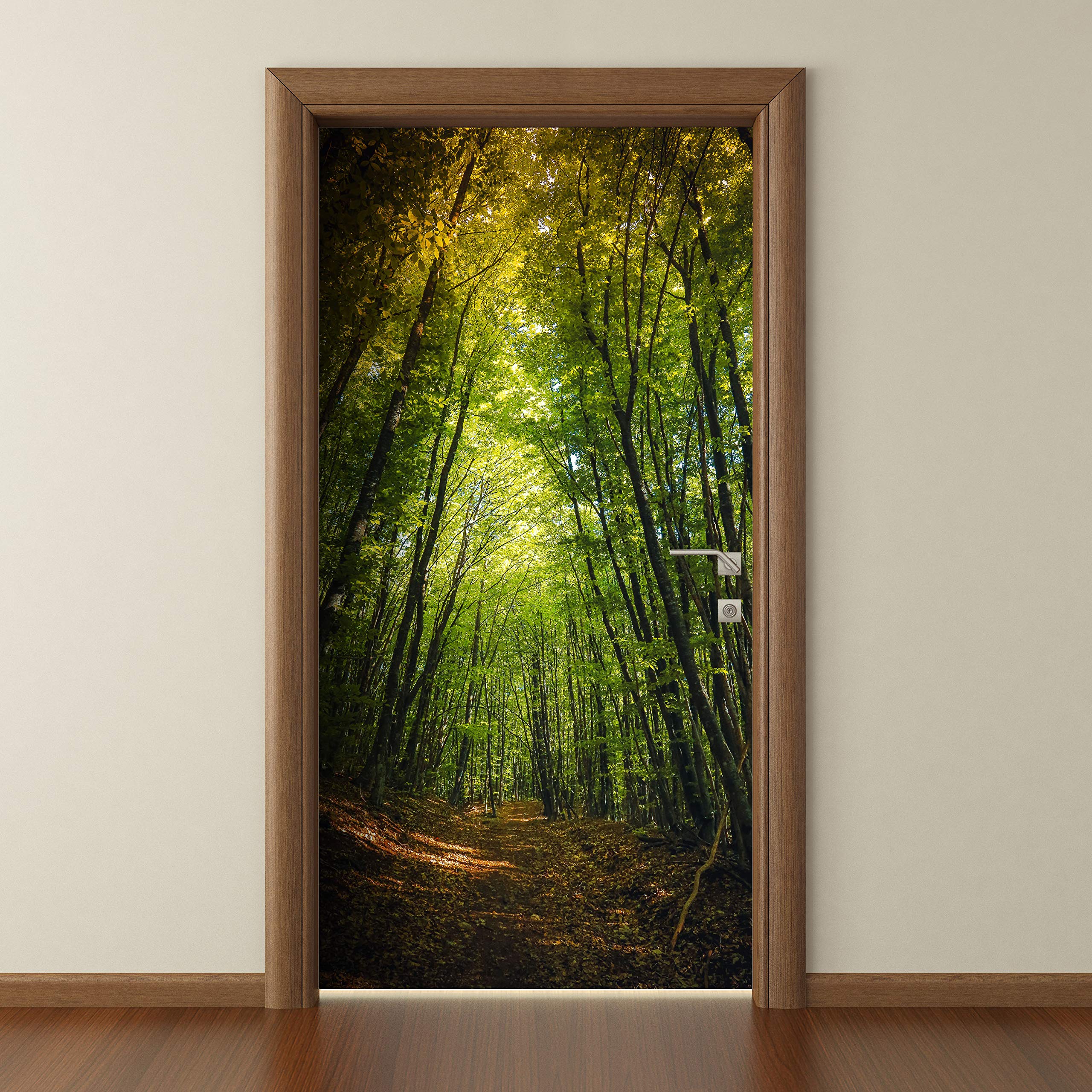 Papier Peint Adhésif Pour Porte 70x200 Cm - Motif Chemin En Bois Dans La Jungle, Arbres, Décoration Murale Moderne, Facile à Poser