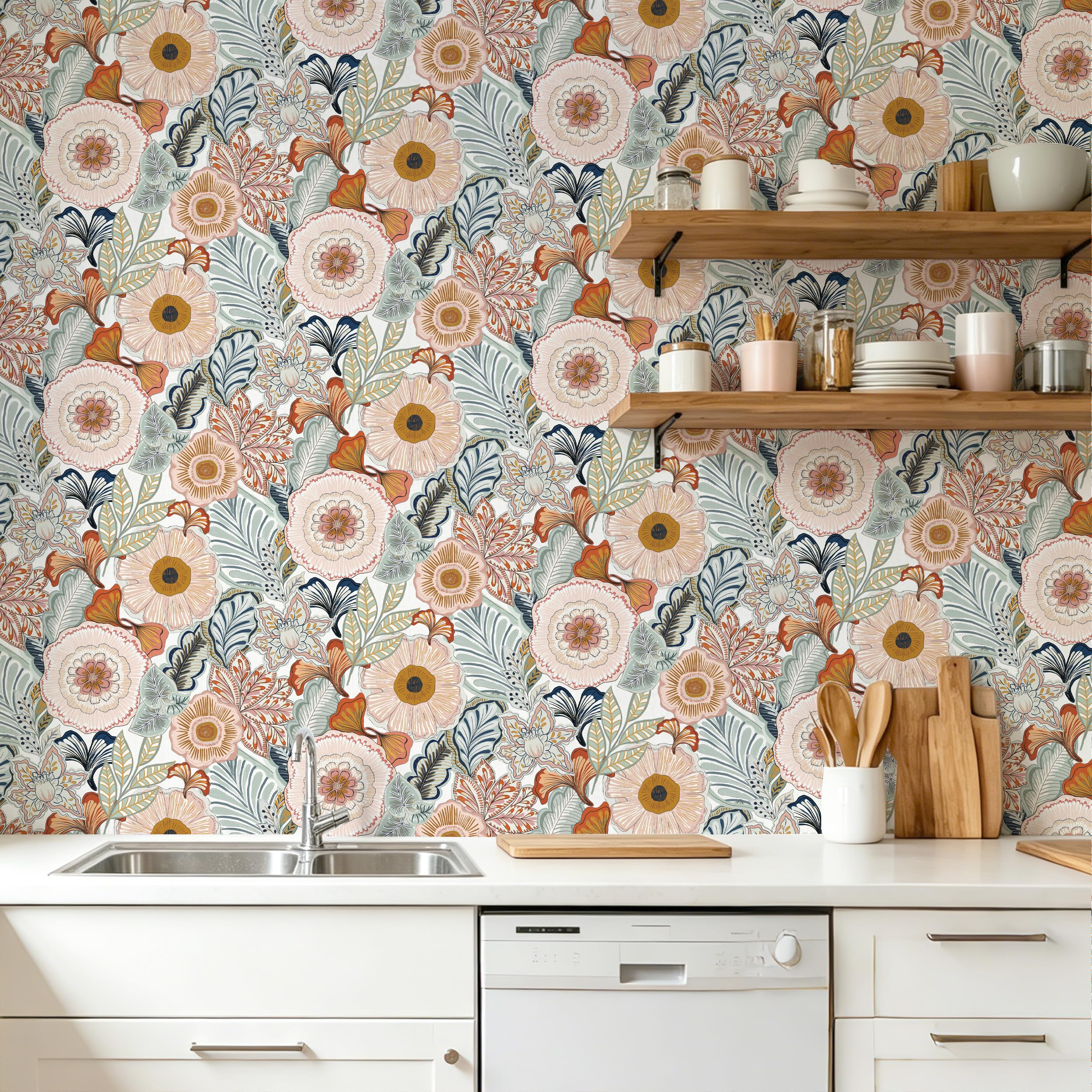 Timeet 44cmx10m Peel and Stick Wallpaper White Boho Self Adhesive Wallpaper Floral Contact Paper Waterproof Vinyl Wrap Removable Wall Covering Decor for Bedroom Living Room Furniture Sticker Blue Pink