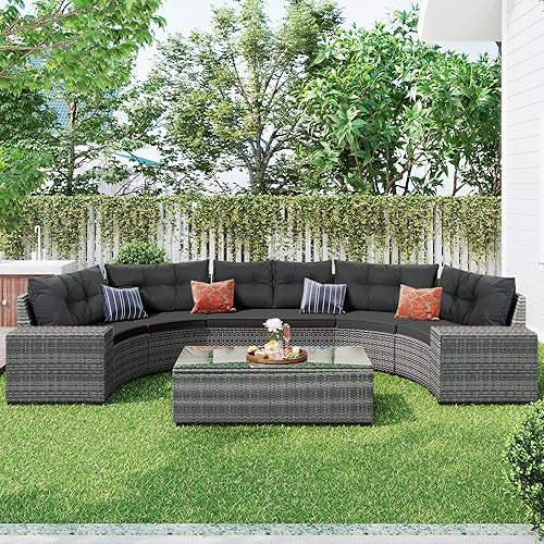 LZ LEISURE ZONE 8-Pieces Patio Conversation Set, Outdoor PE Rattan Wicker Round Sofa Set, All Weather Half-Moon Sectional Sofa Sets with Coffee Table, Grey+Grey