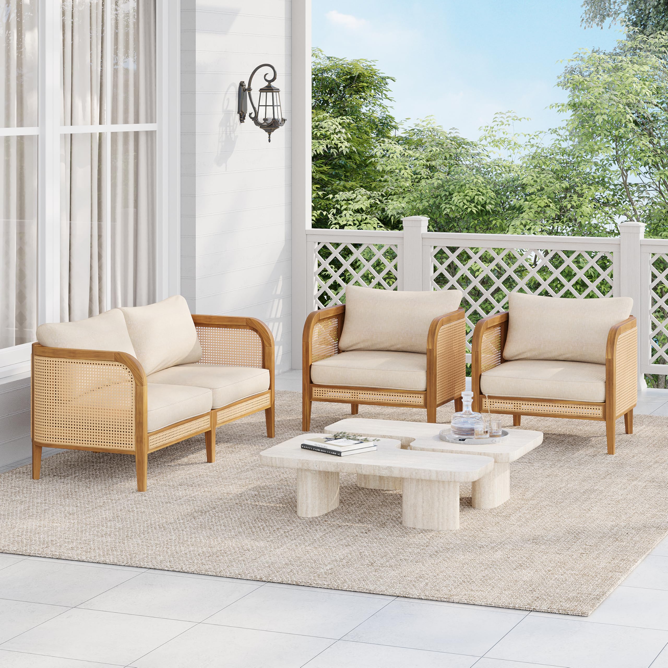 Christopher Knight Home Tilden 3-Piece Patio Furniture Set, 4-Seater Acacia Wood Outdoor Patio Sectional Furniture Set, Garden Wicker Loveseat and