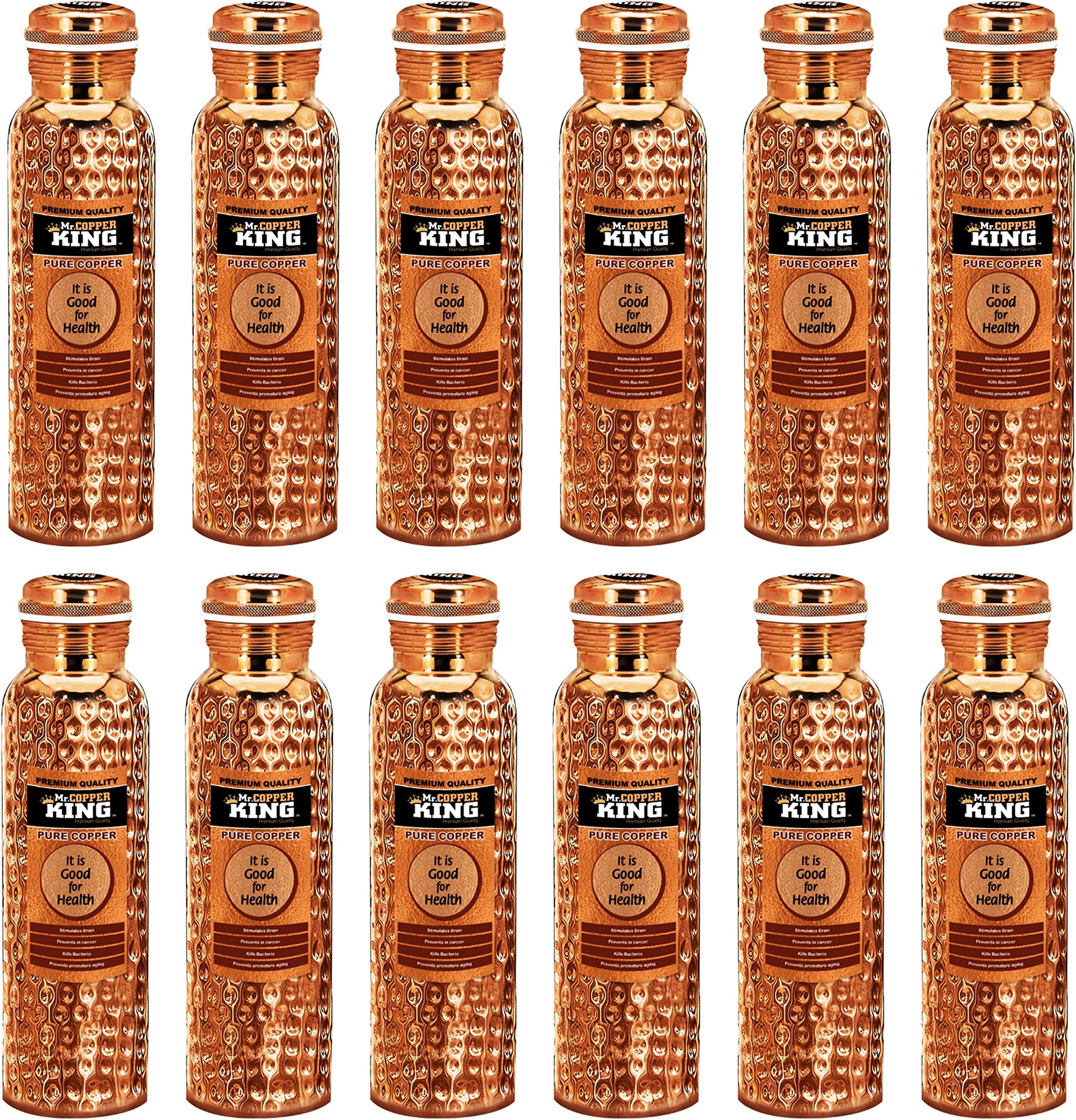 Mr.Copper King Copper Bottles, 100% Pure Copper Anti Rust Anti Oxidant Leak Proof Copper Bottle BPA Free Kitchen Accessory, Fancy Hammered Set Of 12 Bottles For Kids Office Gym Home & Travel (950 ML)