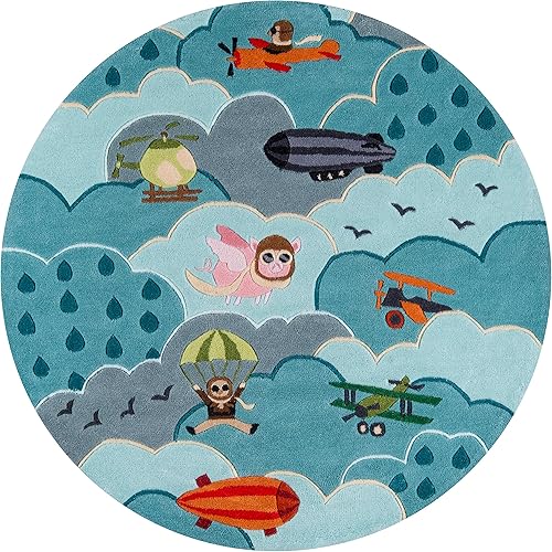 Momeni Rugs Lil' Mo Whimsy Collection, alfombra de área con temática infantil tallada a mano y copetuda, redonda de 5 pies, azul cielo