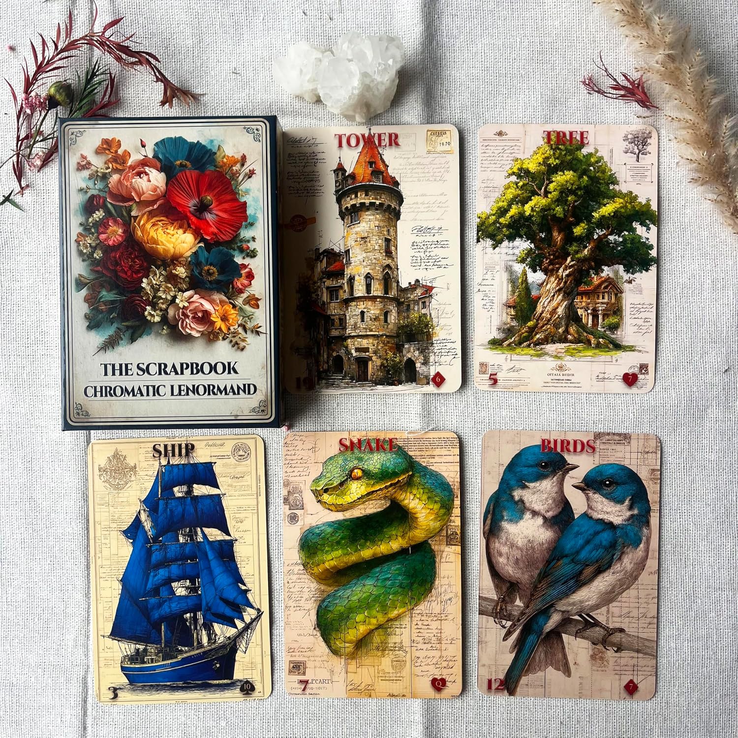 Chromatic Lenormand Oracle Cards, 36-Card Divination Deck with Vintage Floral Artwork, Paper, for Tarot Reading and Spiritual Guidance