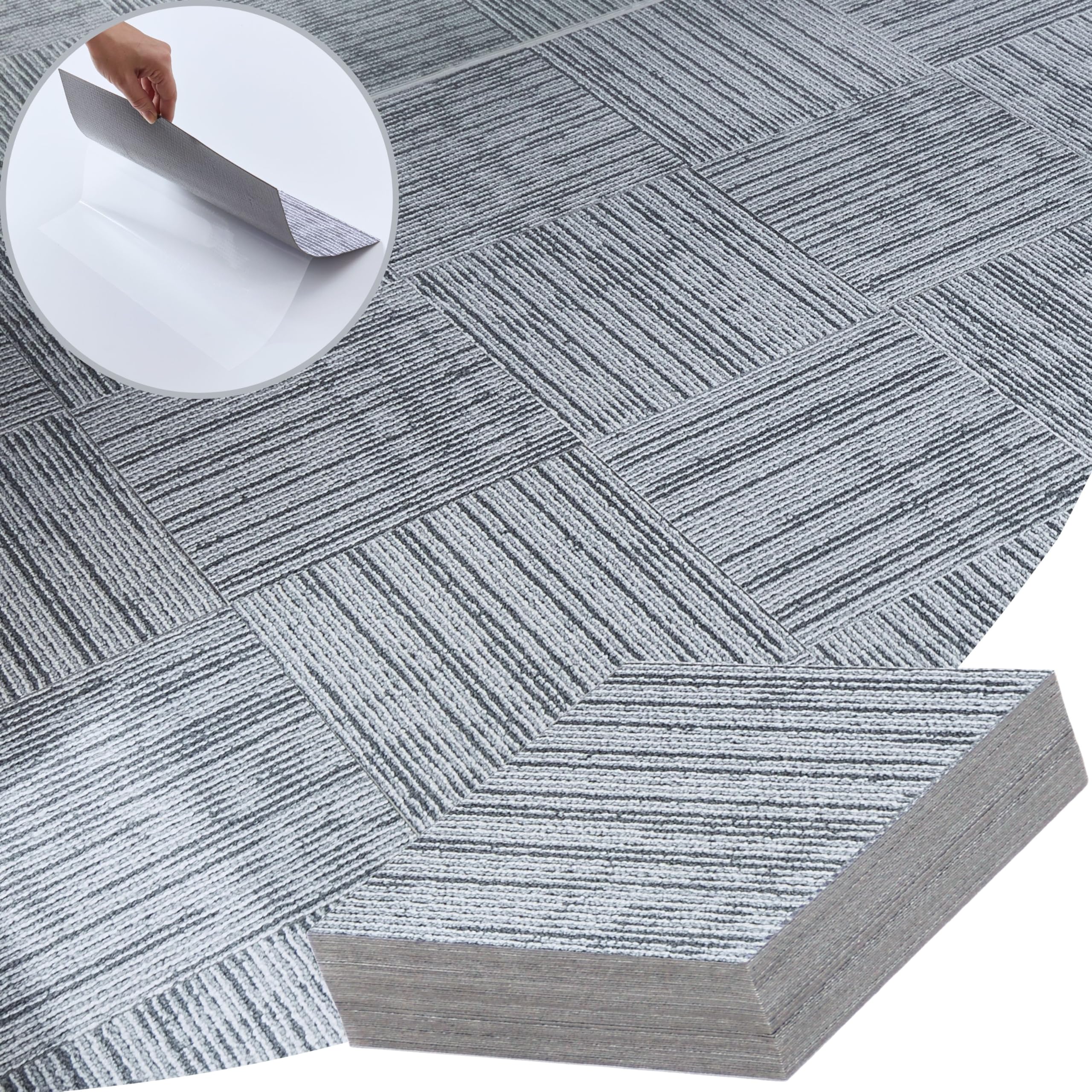 Carpet Imitation Style Self Adhesive Floor Tiles - 60 Pack for 60 sqf (5.57 sqm) | 12x12In (30.5 x 30.5cm) Peel and Stick Flooring | Durable & Easy Clean | Grey Faux Carpet Effect