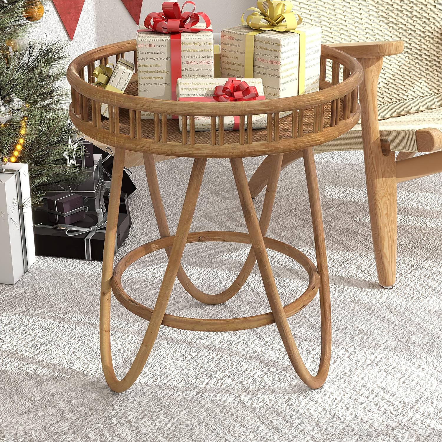 FINECASA Rattan Side Table with Wicker Tray Top 20x23'', Boho Hand-Woven End Table, Small Round End Table with Hairpin Legs, Coffee Table Set for Living Room, Bedroom (Handcraft)
