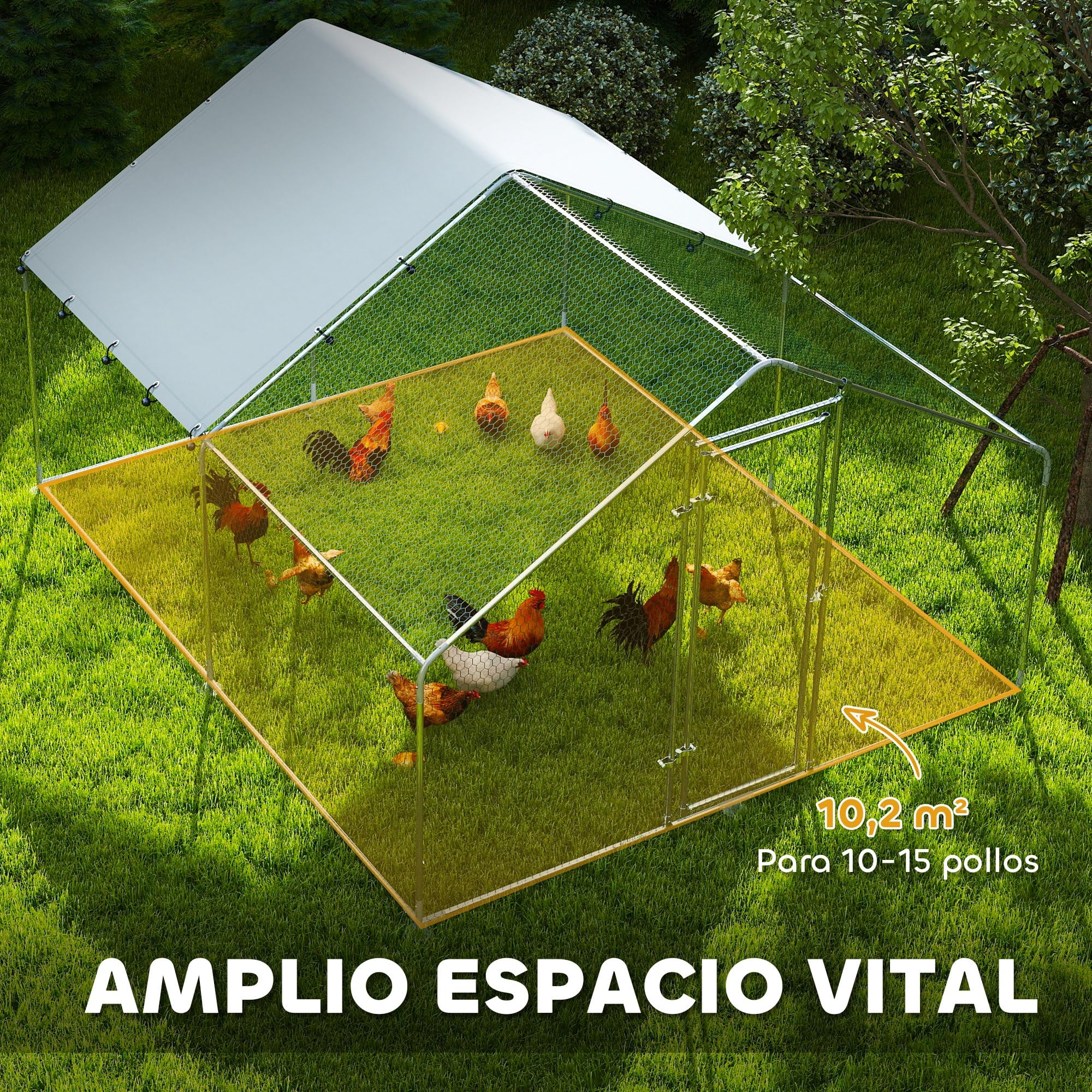 PawHut Gallinero Exterior Grande 3x3,4x1,9 m Acero Galvanizado Puerta Doble Cierre Cubierta Tela Oxford Anti-UV Impermeable para 10-15 Gallinas