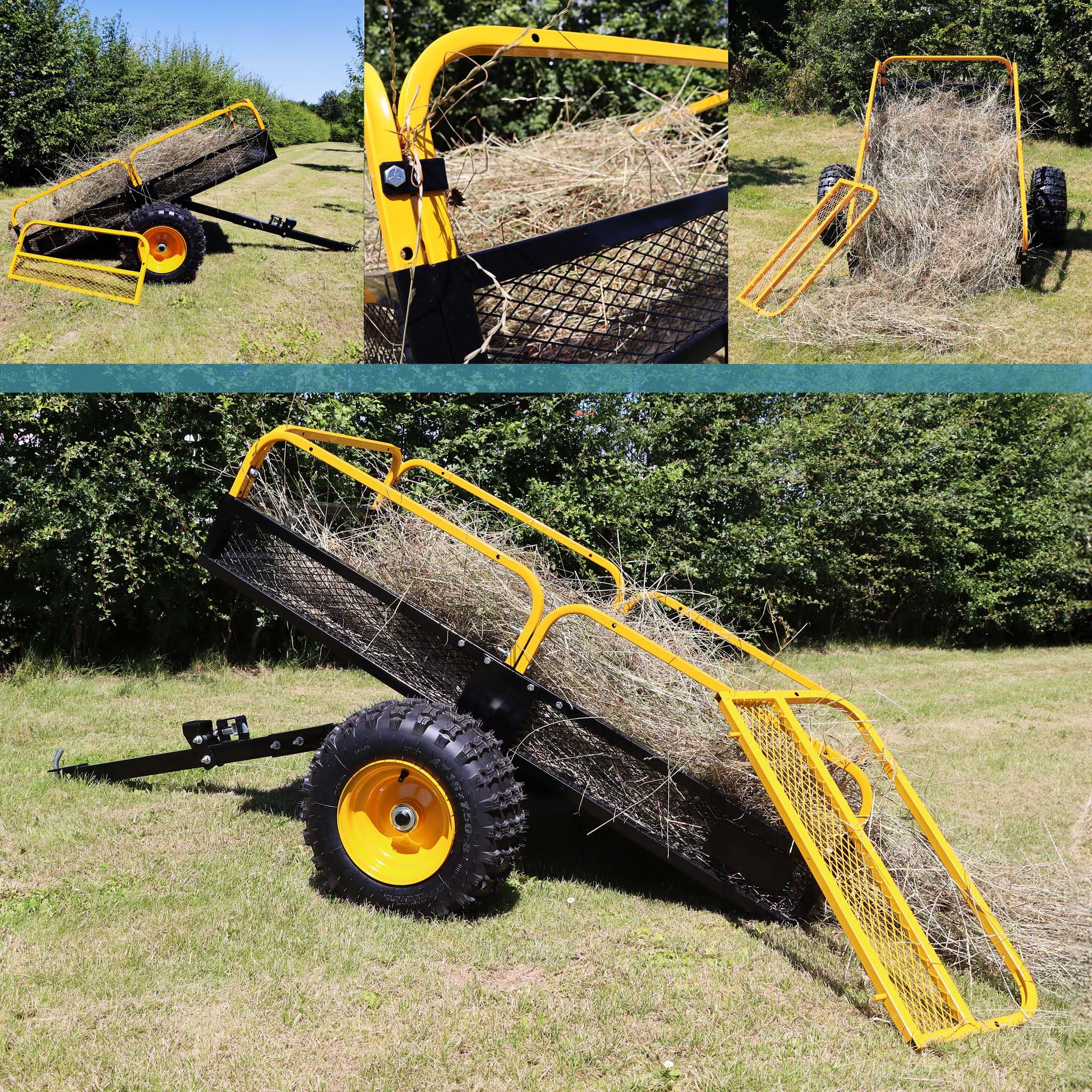 Wiltec Remorque basculante – 2100 x 1200 x 70 mm – capacité 450 kg – en Acier – avec Grille et Parois Amovibles – pour Tondeuse autoportée ATV Jardinage Transport