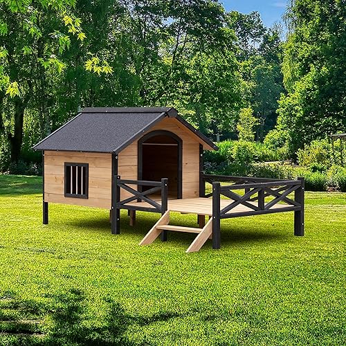 Cabaña grande de madera para perros al aire libre, estilo casero, perrera de madera con porche disponible en Yaxa Colombia