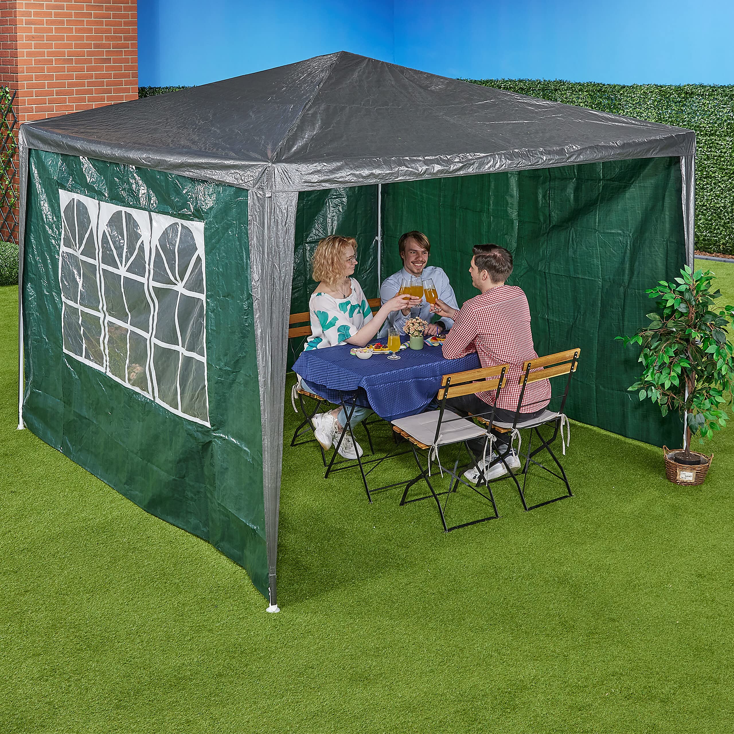 Relaxdays Tende per Gazebo Laterali, Set 3, Telo Impermeabile, Pareti in PE, Chiusura a Strappo, 2x3 m, Finestra, Verde