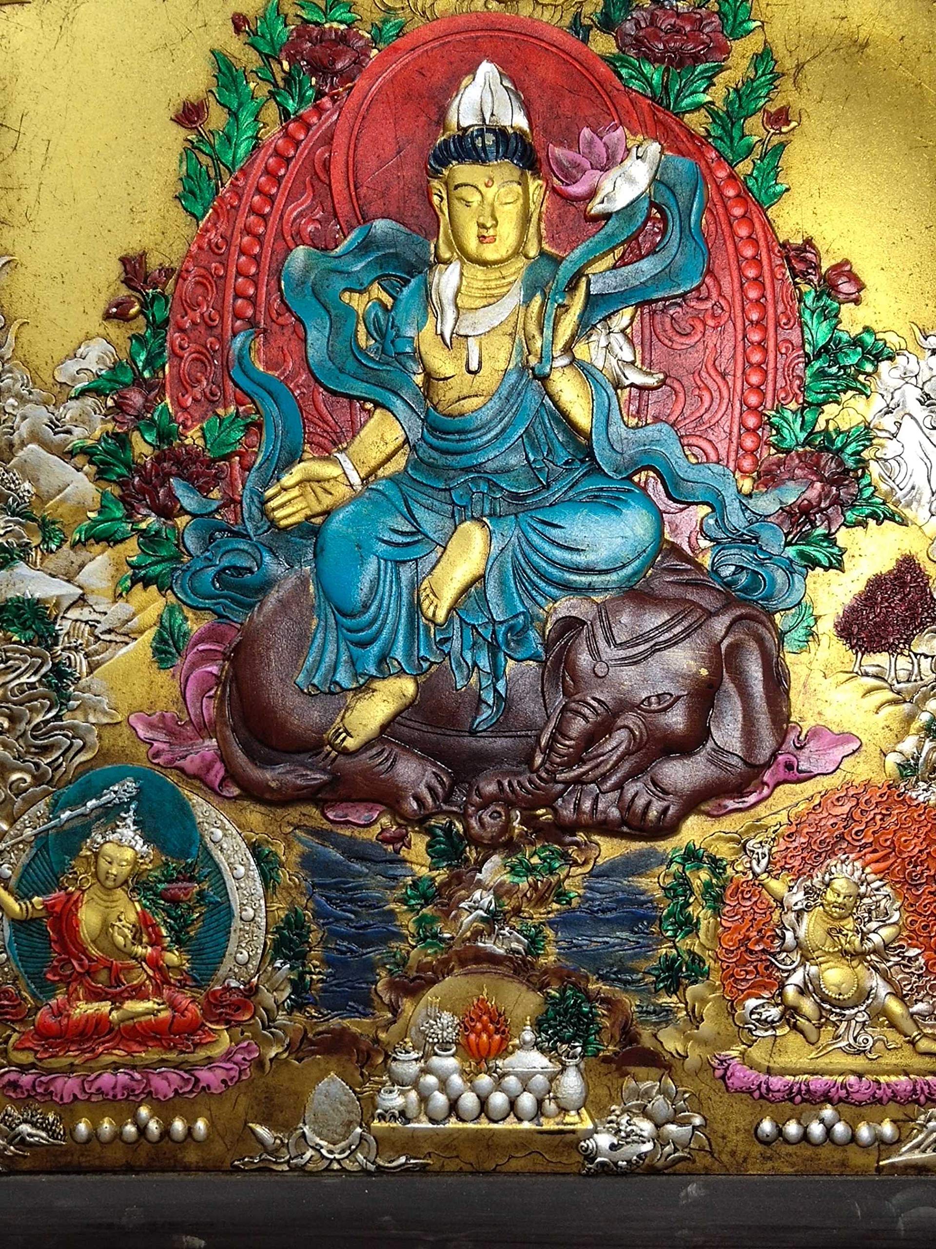 Home Decor 28" Tibet Buddhism Old Bronze Wooden Frame Painted Thangka Samantabhadra Statue Worship Amulets ThangkasStatue SurongL