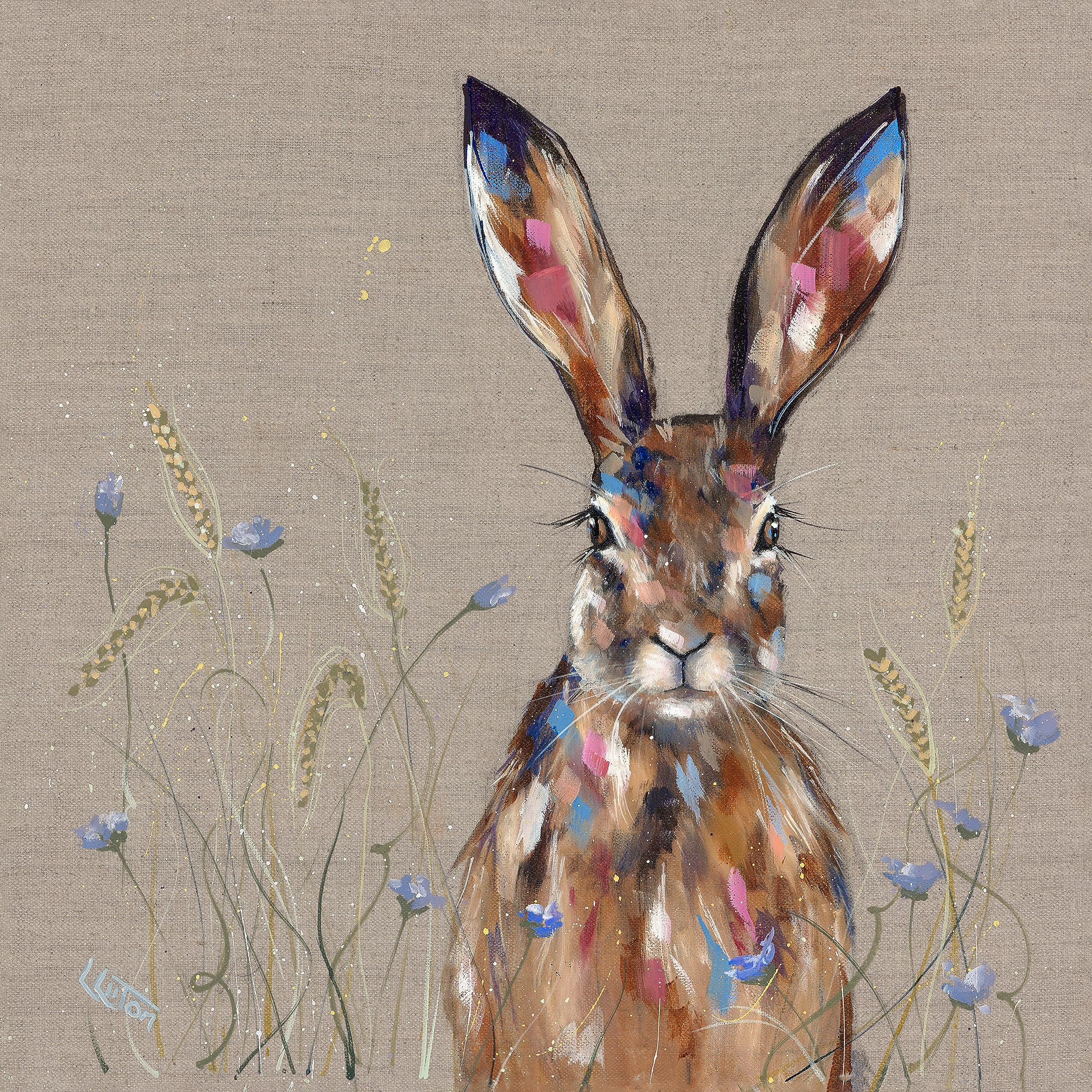 Artko Hare Canvas Print - Hare and Barley Painting by Louise Luton - Contemporary Animal Themed Artwork - 30 x 30cm