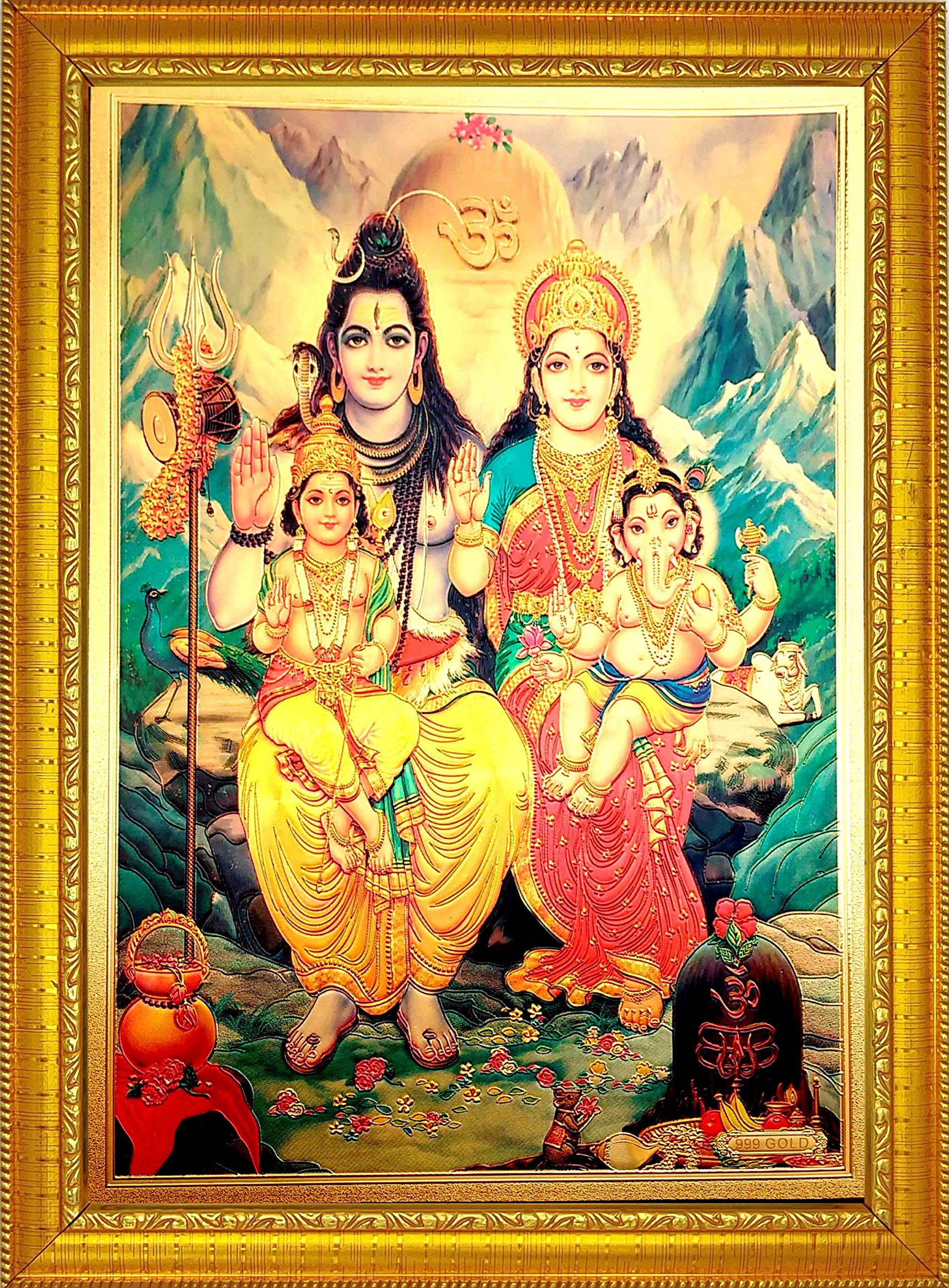 ADA Handicraft Gauri Shankar Parivar, Shiv Parvati Wood Wall Photo Frame, Hindu Religious Painting (35 x 25 x 1 cm, Multicolour)