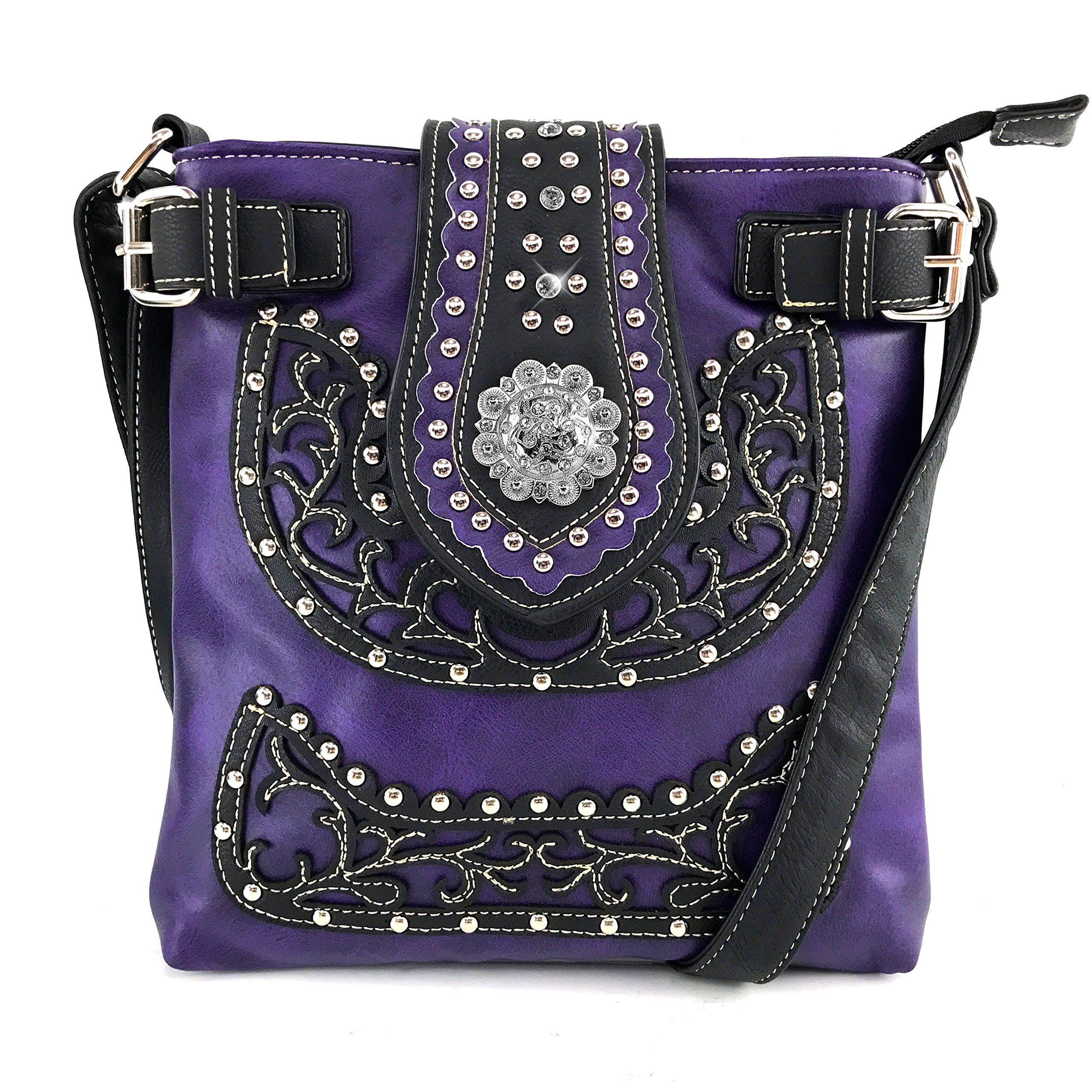 Justin West Concealed Carry Laser Cut Leather Floral Embroidery Rhinestone Berry Concho Studded Shoulder | Tote | Handbag Purse | Messenger Crossbody | Trifold Wallet (Purple Messenger ONLY)
