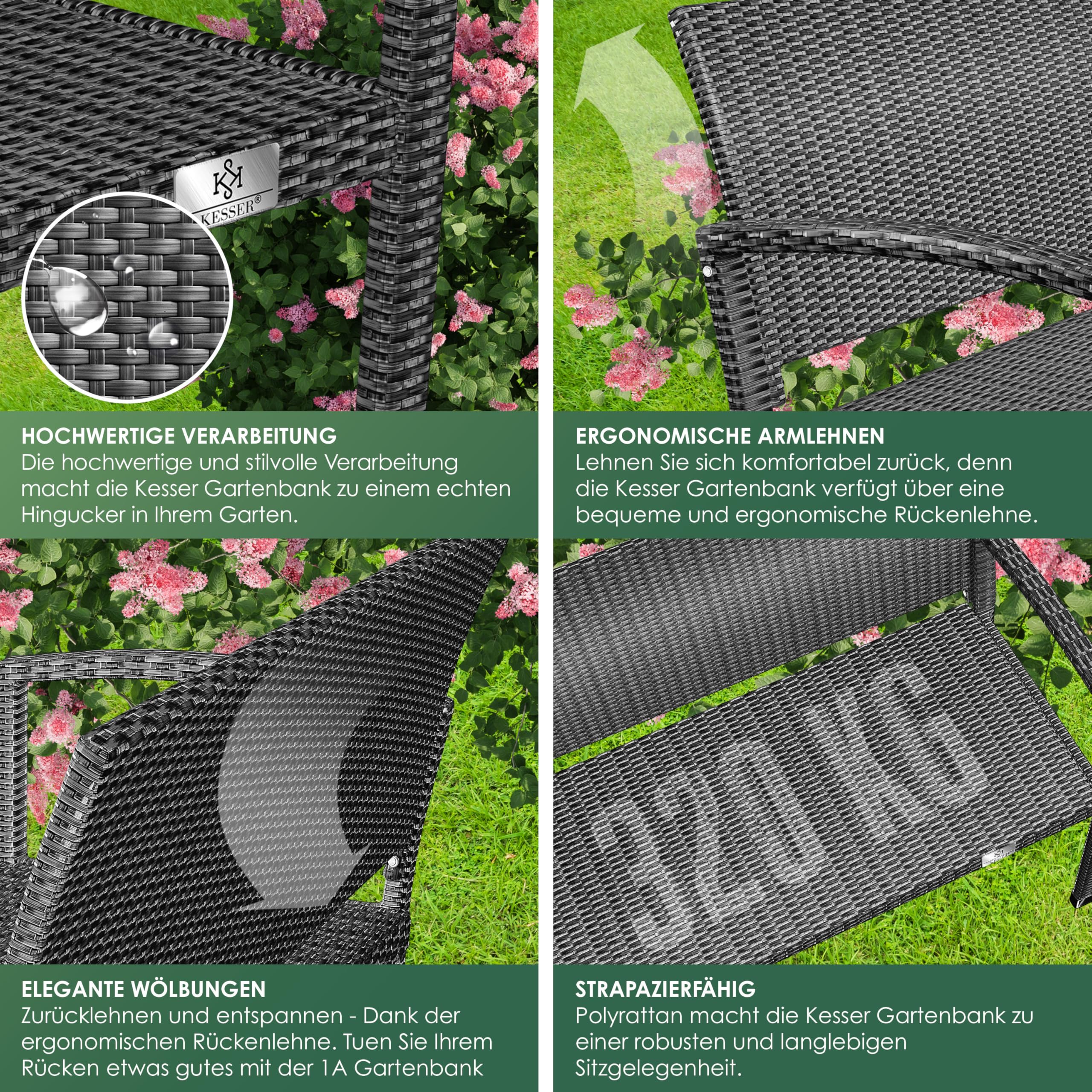 KESSER® Panca da giardino in polyrattan, resistente alle intemperie, resistente ai raggi UV e portata fino a 320 kg, 125 x 62 x 90 cm, mobili da giardino con braccioli ergonomici, per 2 persone,