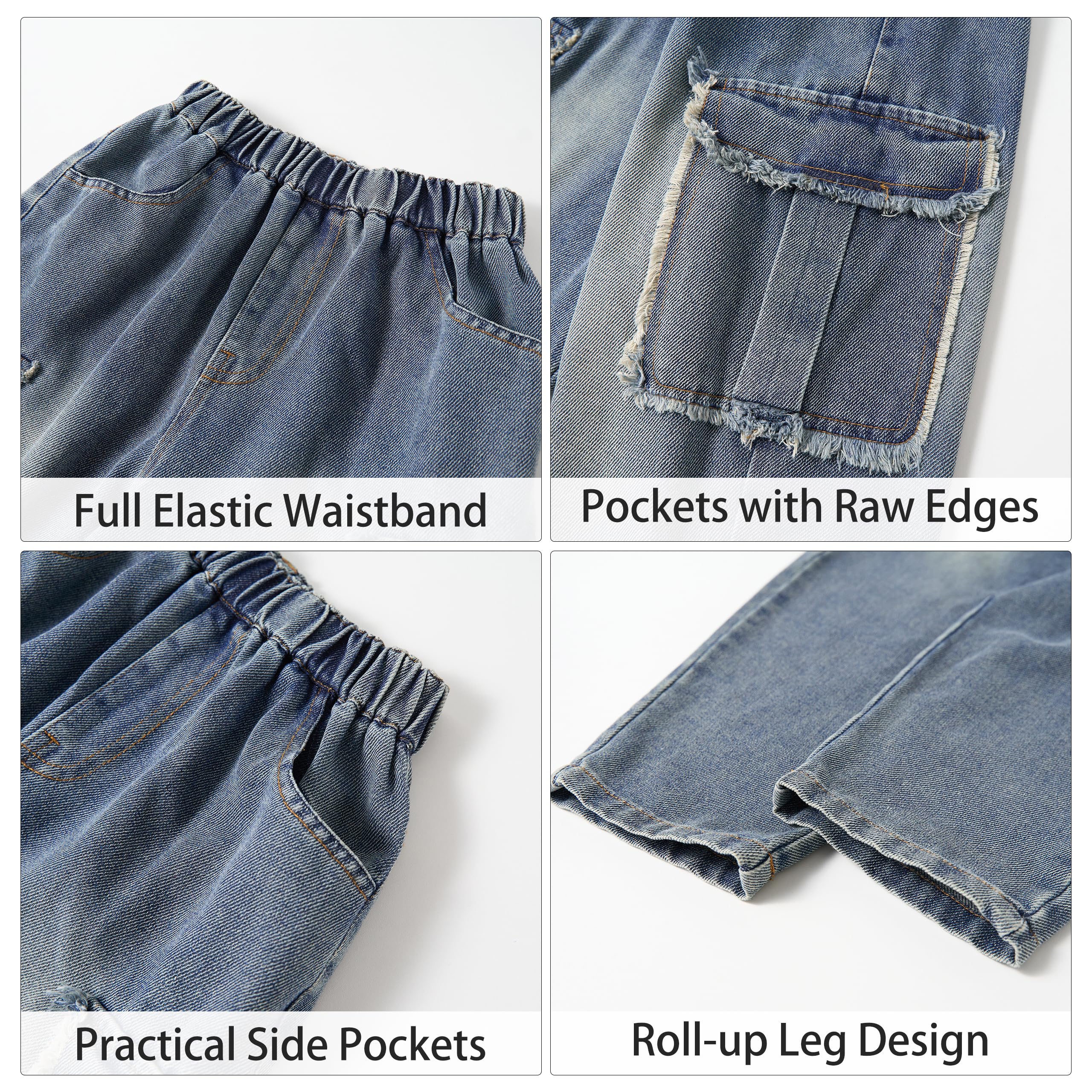 Rolanko Jeans Strappati in Vita Elasticizzata per Ragazzi, Pantaloni in Denim retrò con Design a Gamba Affusolata con Tasche per vestibilità per Bambini