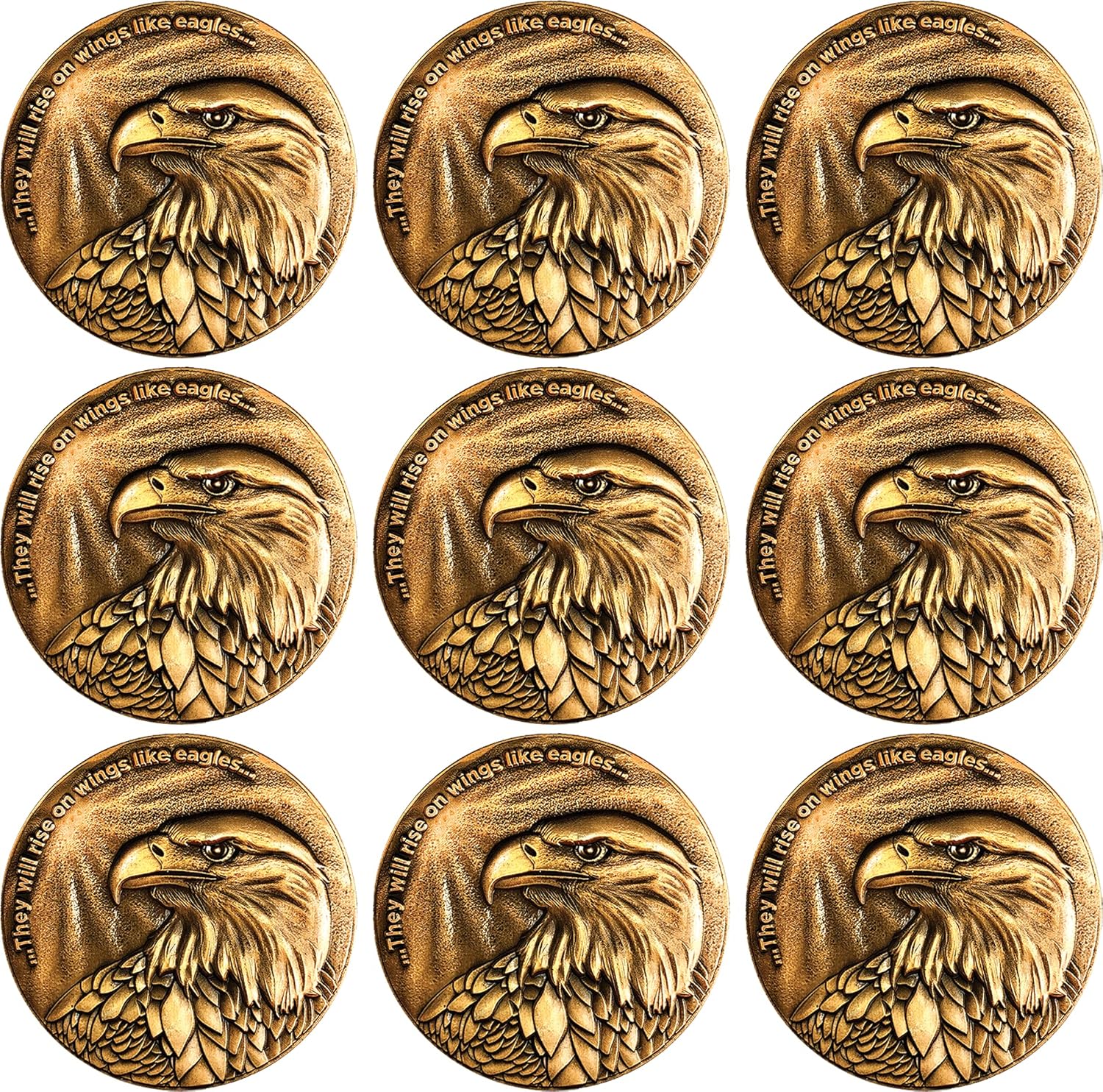 Christian Eagle Challenge Coin, Bulk Pack of 9, Antique Gold-Color Plated, American Bald Eagle & Isaiah 40:31