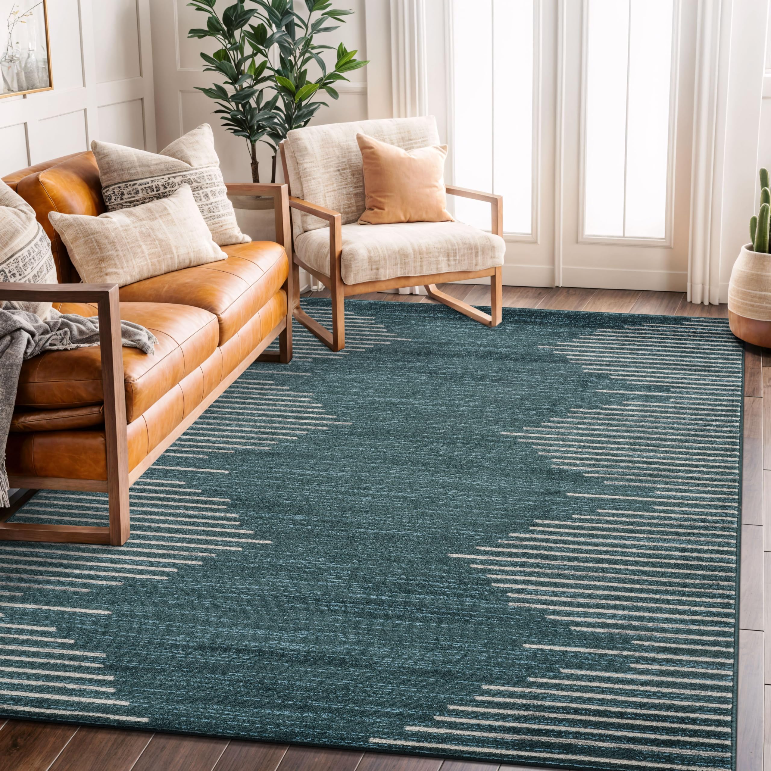 rugshop bohemian stripe stain resistant high traffic living room kitchen bedroom dining home office area rug 5' x 7' teal