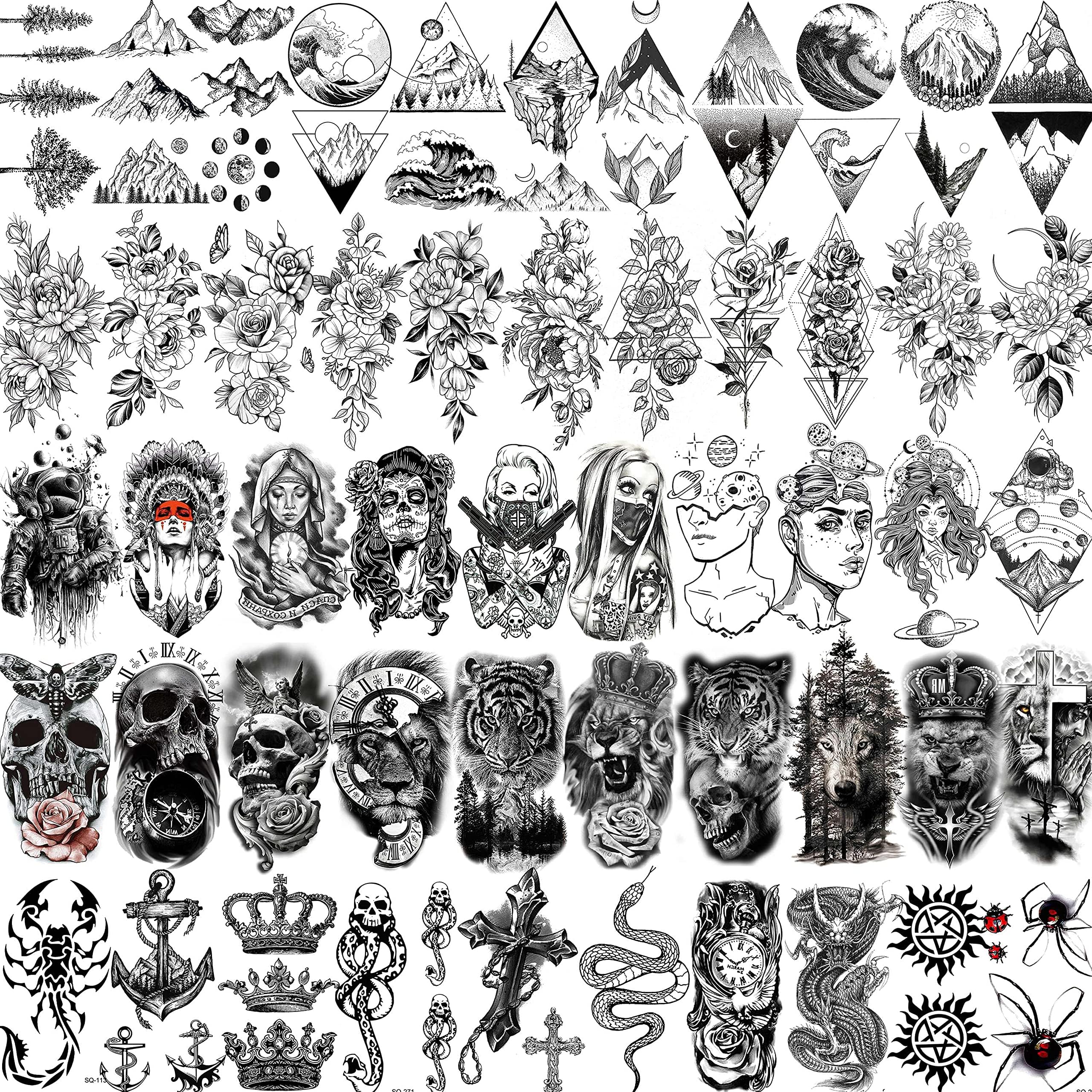 52 Sheets Black Skull Temporary Tattoos For Men Women Arm Neck Tatoos, 3D Realistic Small Rose Flowers Fake Tattoos Temporary, Waterproof Mountain Snake Lion Tiger Temp Tattoo Sticker Adults