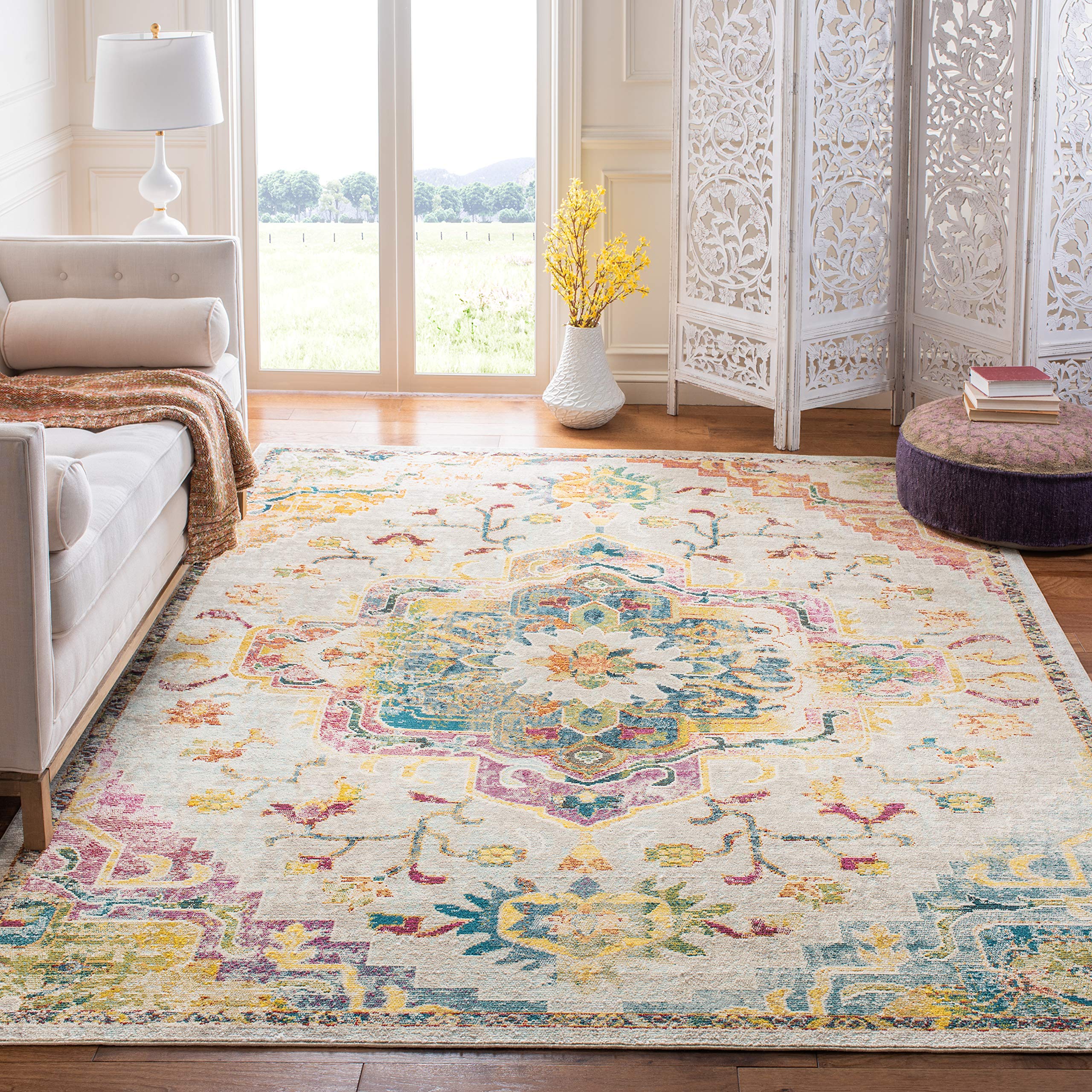 SAFAVIEH Crystal Collection Area Rug - 7' Square, Light Blue & Grey, Medallion Distressed Design, Non-Shedding & Easy Care, Ideal for High Traffic