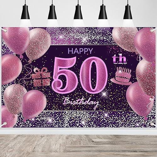 Decoraciones de cumpleaños número 50 para niñas, pancarta de feliz cumpleaños, decoraciones rosas para una fiesta de cumpleaños telón de fondo para