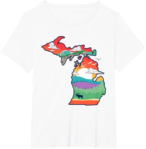 Miniatura 35 de Michigan Outside Vintage Nature Illustration Artistic T-Shirt Slate Grey,White,Baby Blue,Red,Silver Grey,Dark Green,Kelly Green,Olive Green,Lemon