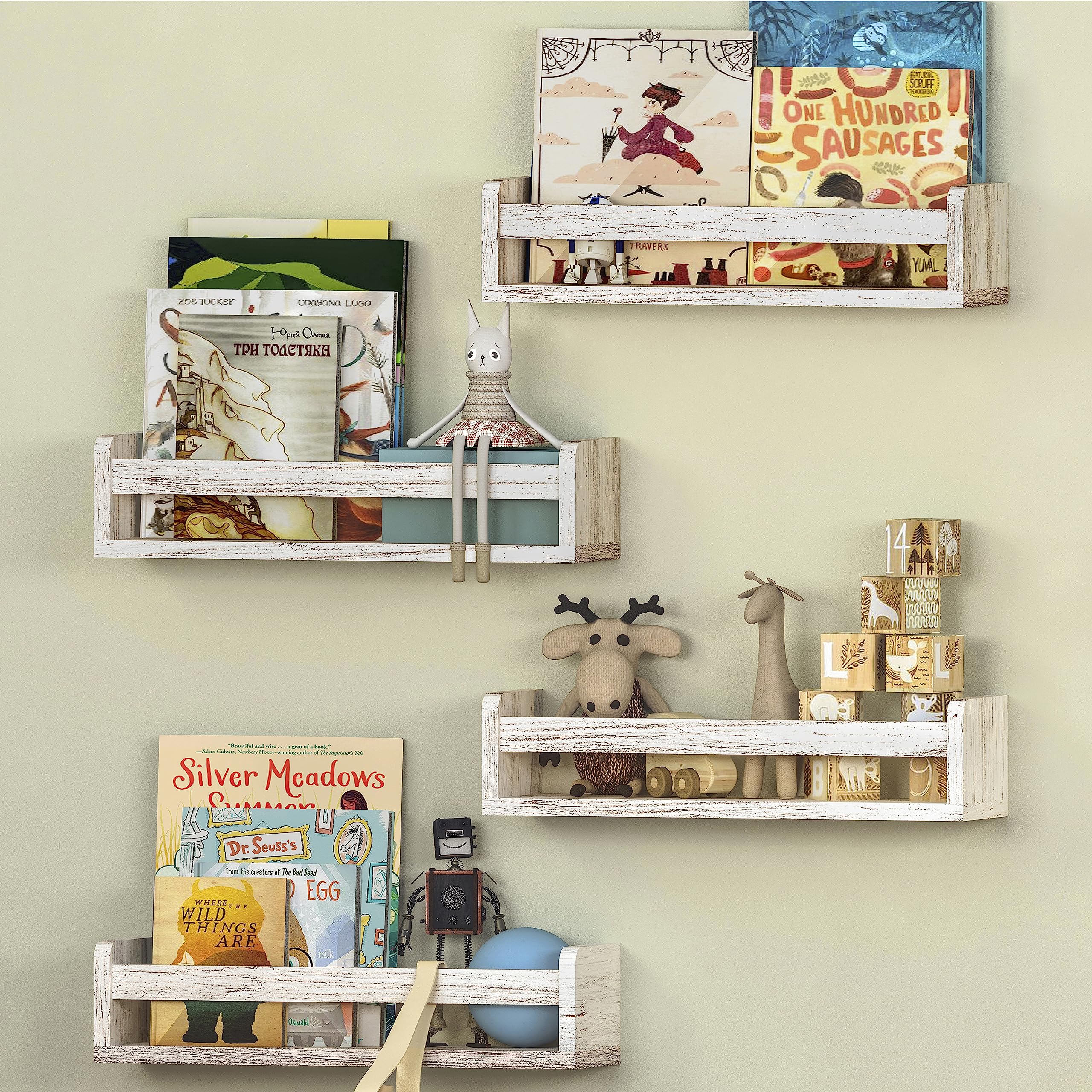 NATURE SUPPLIES Set of 4 Whitewashed Nursery Room Shelves 16.4'', Solid Wood Ideal for Books Toys and Decor, Wall Bookshelf Kids Bedroom, Bookshelf,