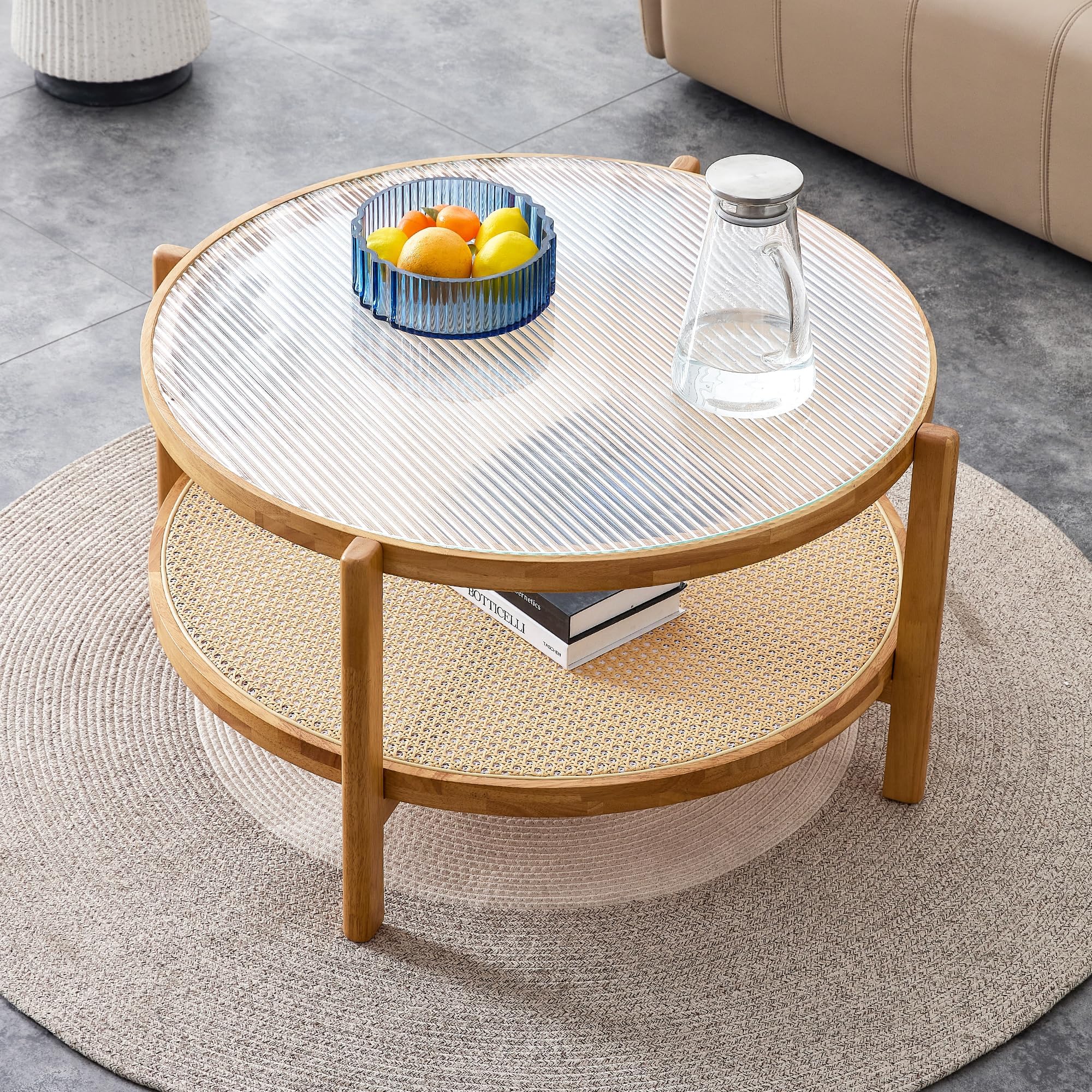 Mid Century Modern Coffee Table with Glass Top and PE Rattan Storage Shelf, 2-Tier 35 Inch Solid Wood Round Boho Coffe Table, Unique Center Table for Livinig Room Apartment Small Space