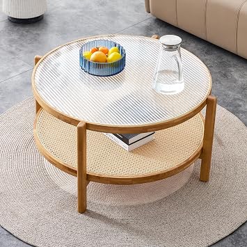 Mid Century Modern Coffee Table with Glass Top and PE Rattan Storage Shelf, 2-Tier 35 Inch Solid Wood Round Boho Coffe Table, Unique Center Table for Livinig Room Apartment Small Space