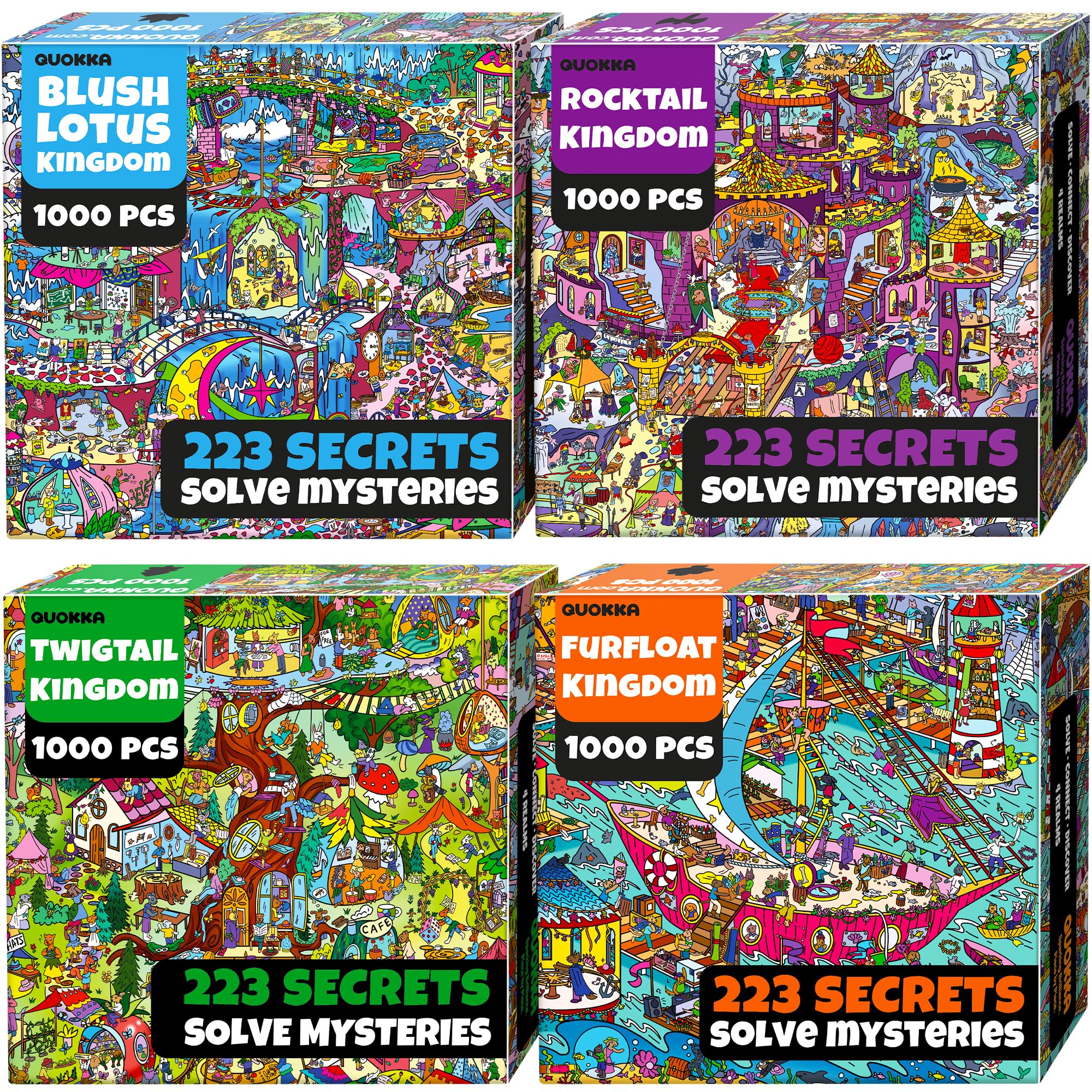 QUOKKA 1000 Piece Puzzle for Adults Set of 4 – 892 Hidden Secrets, Audio Story – All 4 Jigsaw Adult Puzzles in 1 Set – Build Epic Mystery Realm with Rocktail, Twigtail, Furfloat & Blush Lotus Kingdoms