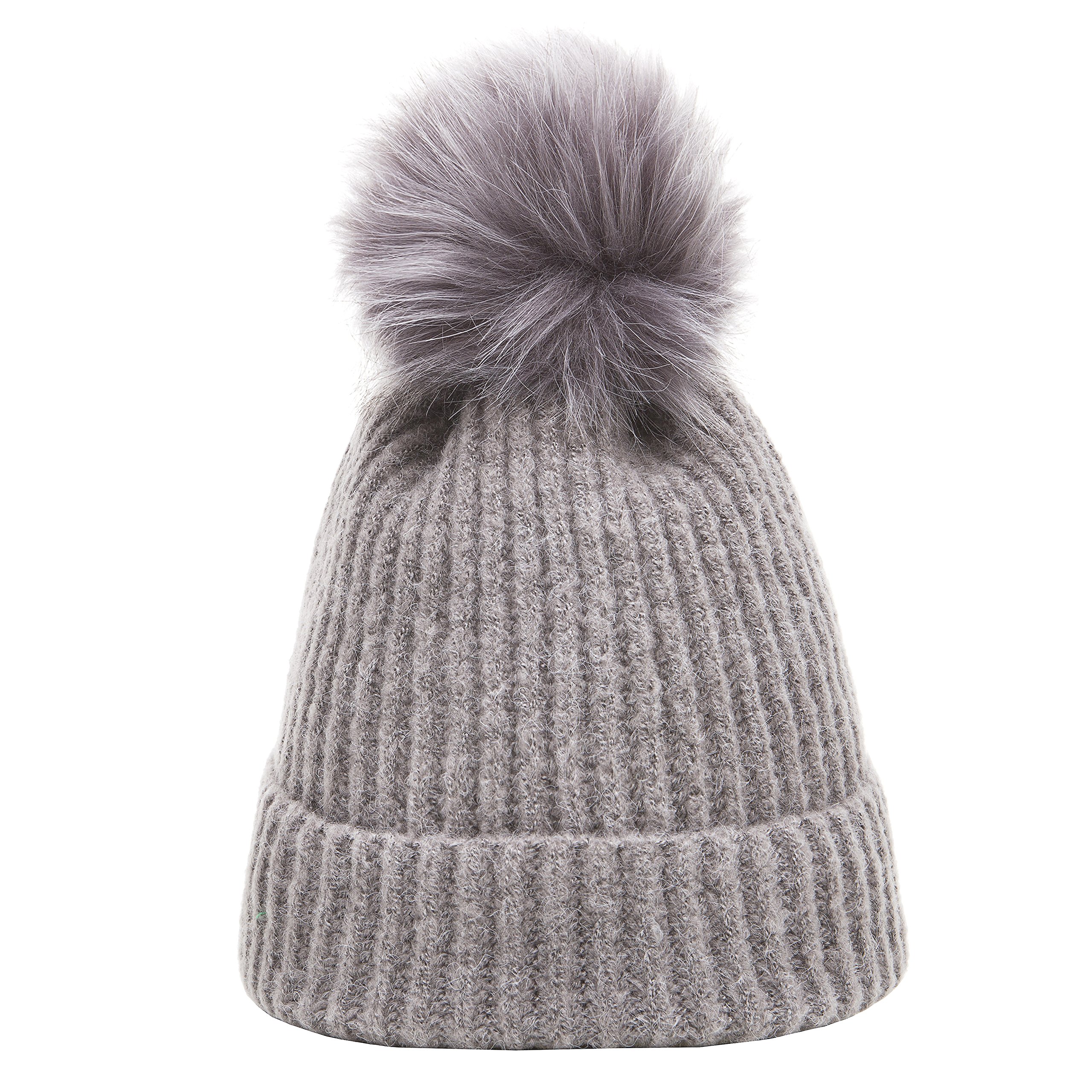 Heritage Traditions Soft Touch Rib Faux Fur Pom Pom Beanie Bobble Hat (Grey)