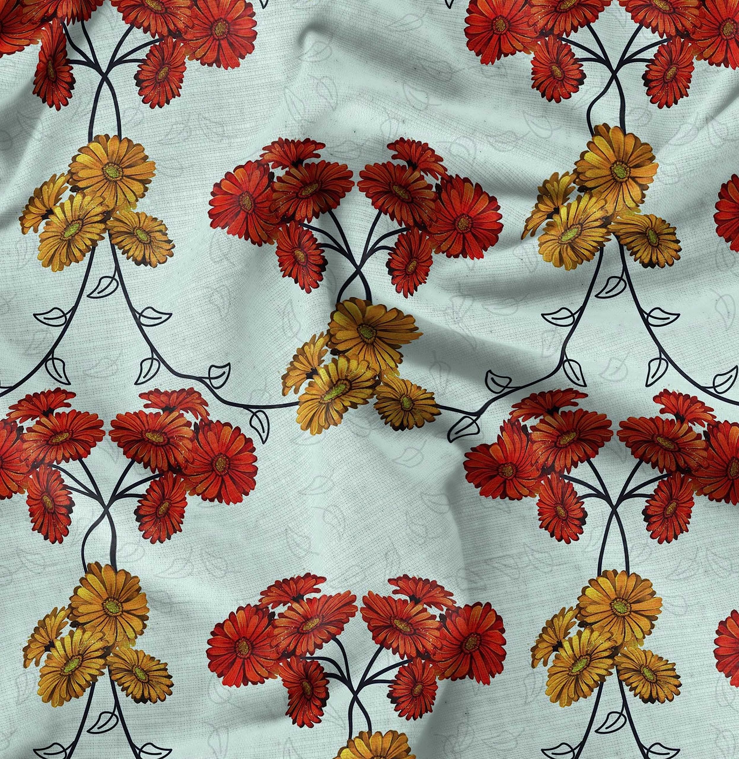 SoimoiGreen Japan Crepe Satin Fabric Leaves & Aster Floral Print Fabric by Yard 42 Inch Wide