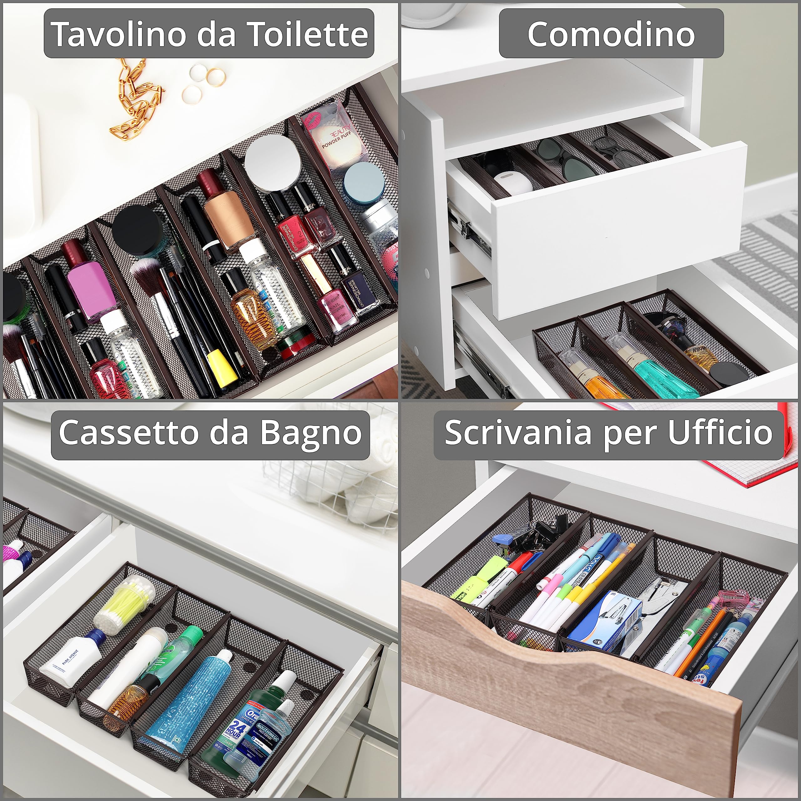 Winter Shore Organizer Cassetti Cucina in Rete Di Bronzo [6 Pz] - Cesto Portaoggetti con Lati ad Incastro e Piedini Antiscivolo - Espandibili per Utensili, Argenteria, Posate