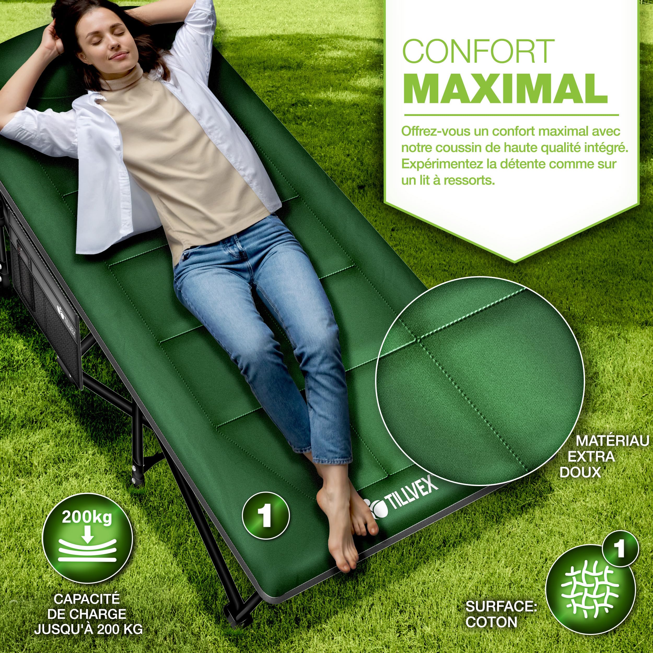 tillvex® Lit de camping pliable avec sac de transport jusqu'à 200 kg | Chaise de camping extra large | Lit de camp pour l'extérieur et l'intérieur | Lit d'invité pliable pour jardin, camping, pêche,