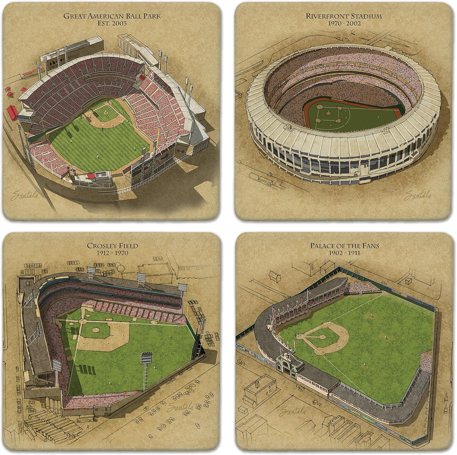 Jeff Suntala "Evolution of the Ballpark - Cincinnati" Absorbent Stone Coaster Set