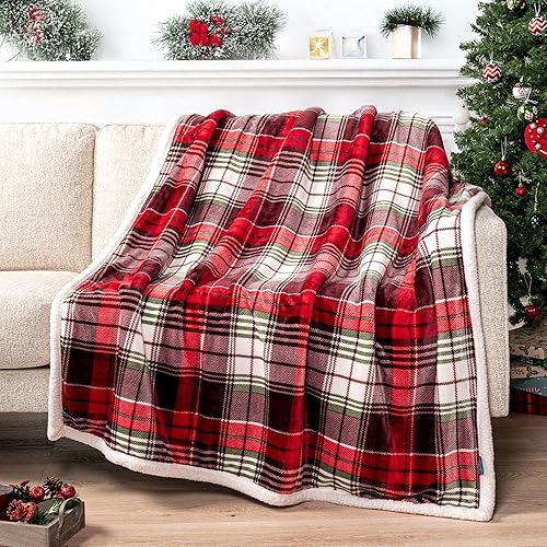 PAVILIA Christmas Plaid Blanket | Sherpa Fleece Flannel Throw Blanket | Christmas Plaid Warm Plush Microfiber Blanket for Couch Sofa | 50x60 Inches