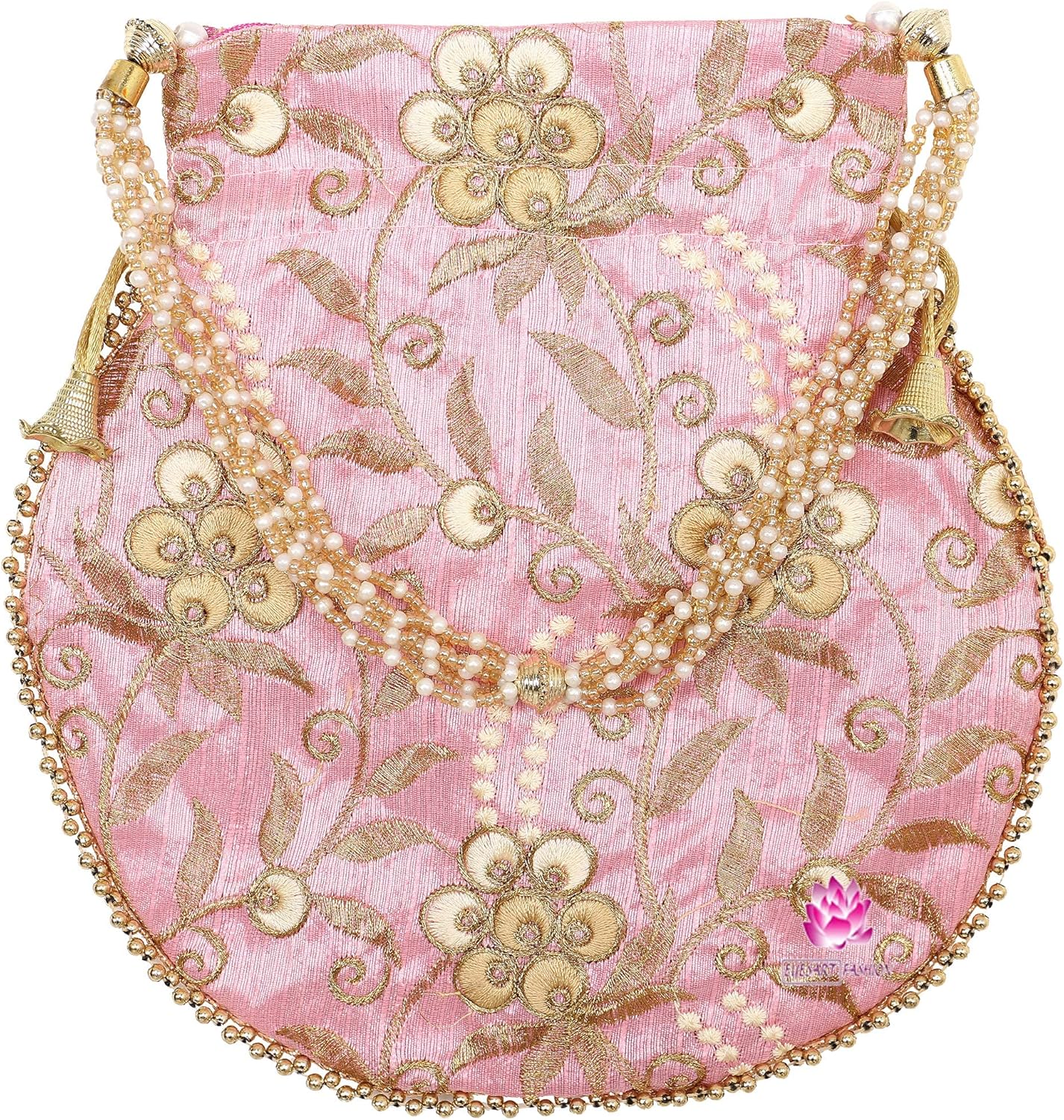 Potli Bag for Women Ethnic Gold, Pearl Handle Floral Accents, Drawstring Closure Pearls Handle Batwa Clutch Purse - Image 6
