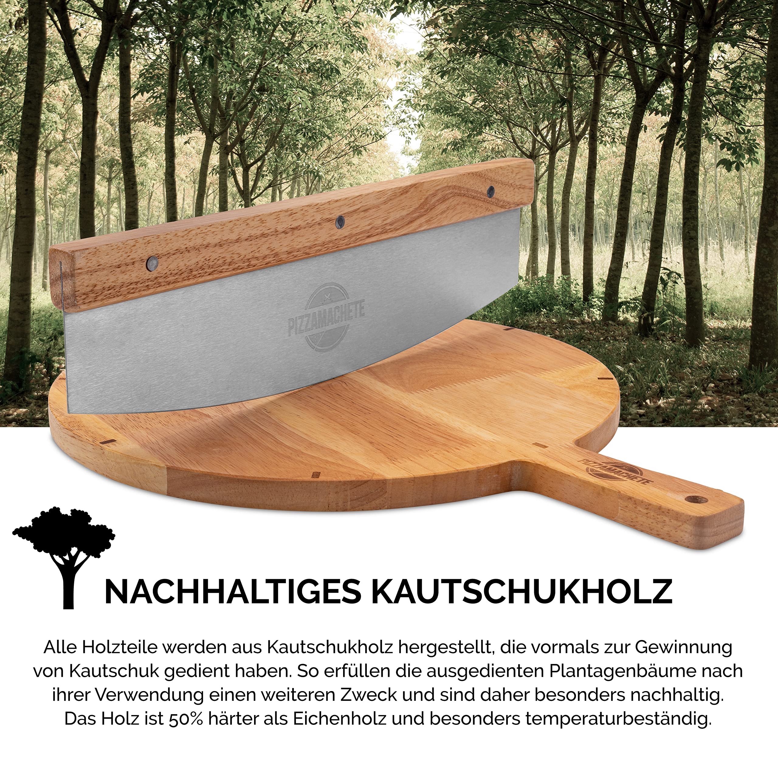 PIZZAMACHETE Pizzaschneider + Pizzabrett , Pizza Set bestehend aus Wiegemesser und Pizzaschneidebrett, -Zubehör mit Cutter aus rostfreiem Edelstahl, Bretter Holz-Griff