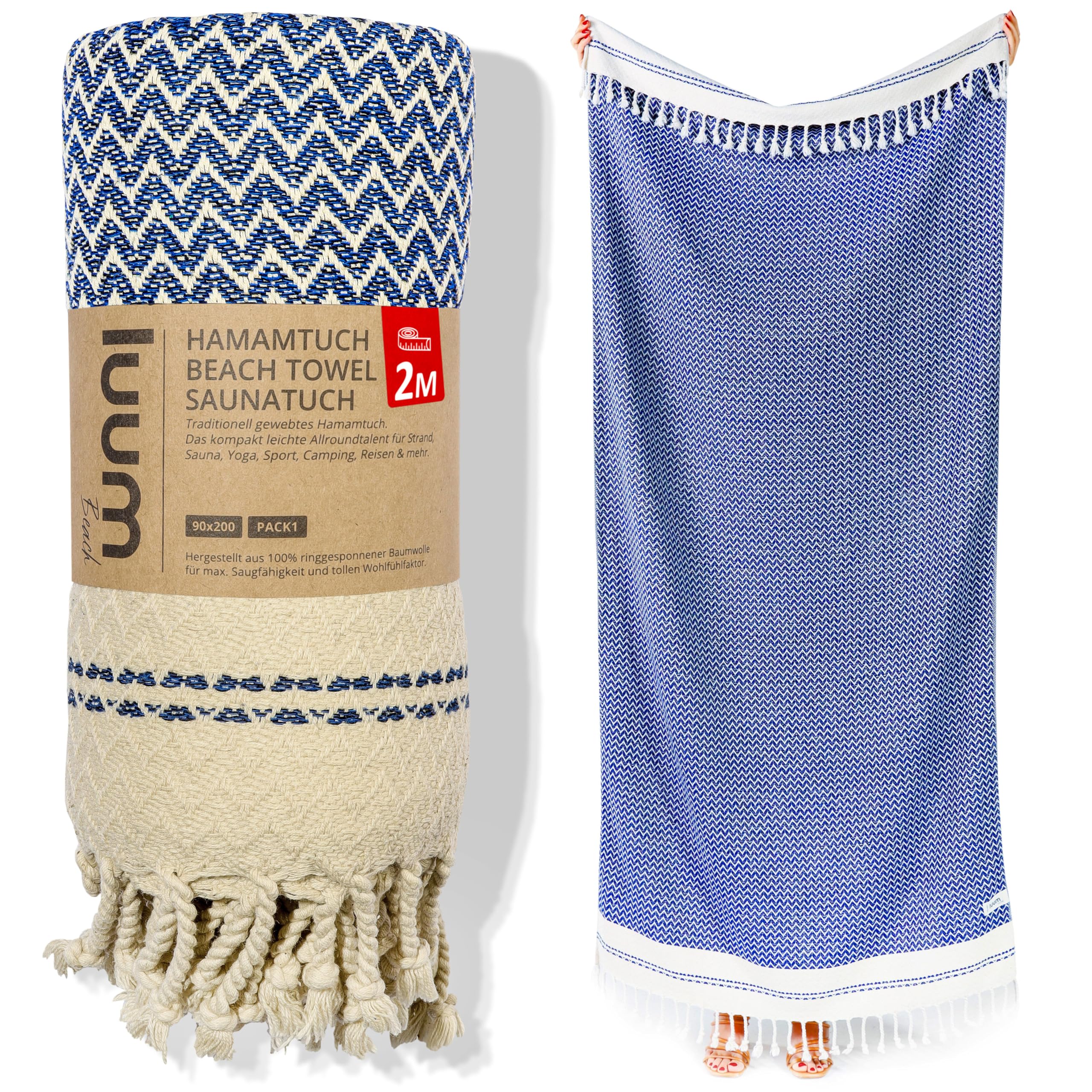Luum® Hamamtuch groß 90x200 Strandtuch Saunahandtuch Badetuch Handtuch Yogatuch Duschtuch Strandhandtuch Saunatuch Reisehandtuch Turkish Towels, Damen Herren, 100% Baumwolle, Royal Blau