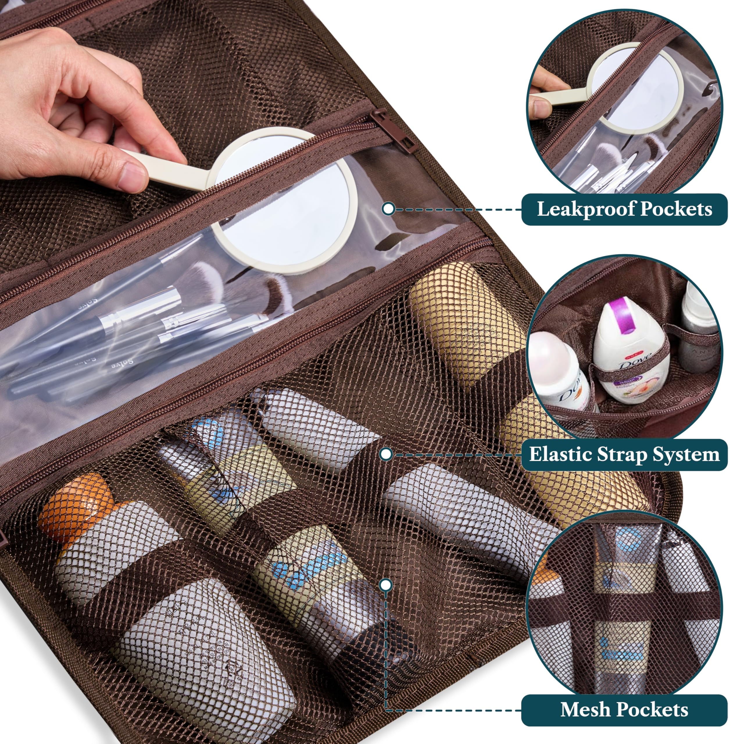 PAVILIA Kulturbeutel zum Aufhängen für Damen und Herren, groß, faltbar, mit Haken, wasserabweisend, Make-up-Kosmetiktasche, transparente Taschen für Badezimmer, Fitnessstudio, Kreuzfahrt, Braun, Large