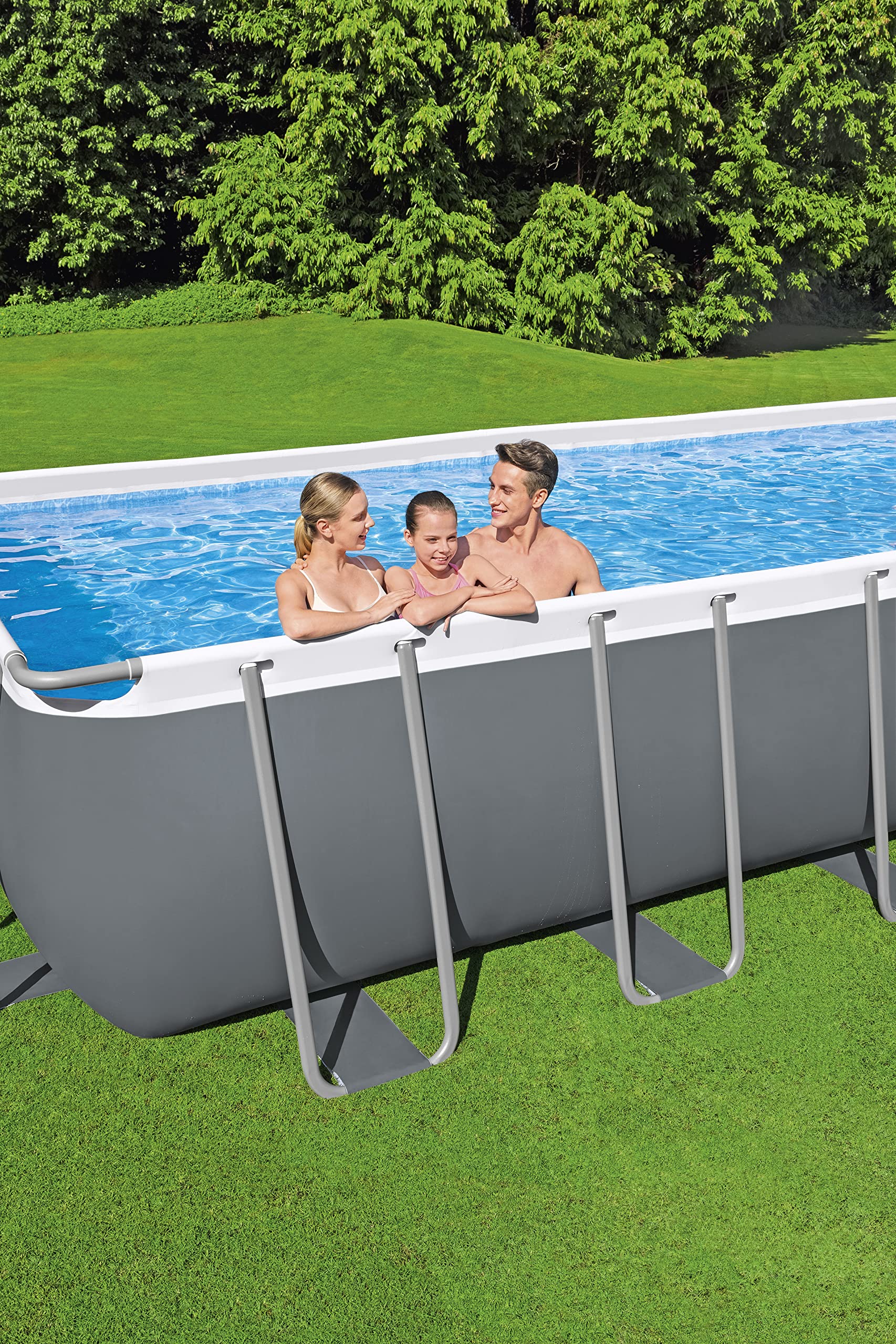 Bestway, Power Steel, Piscina rettangolare con struttura in acciaio, grigio chiaro, pompa con filtro a sabbia + accessori, 956 x 488 x 132 cm