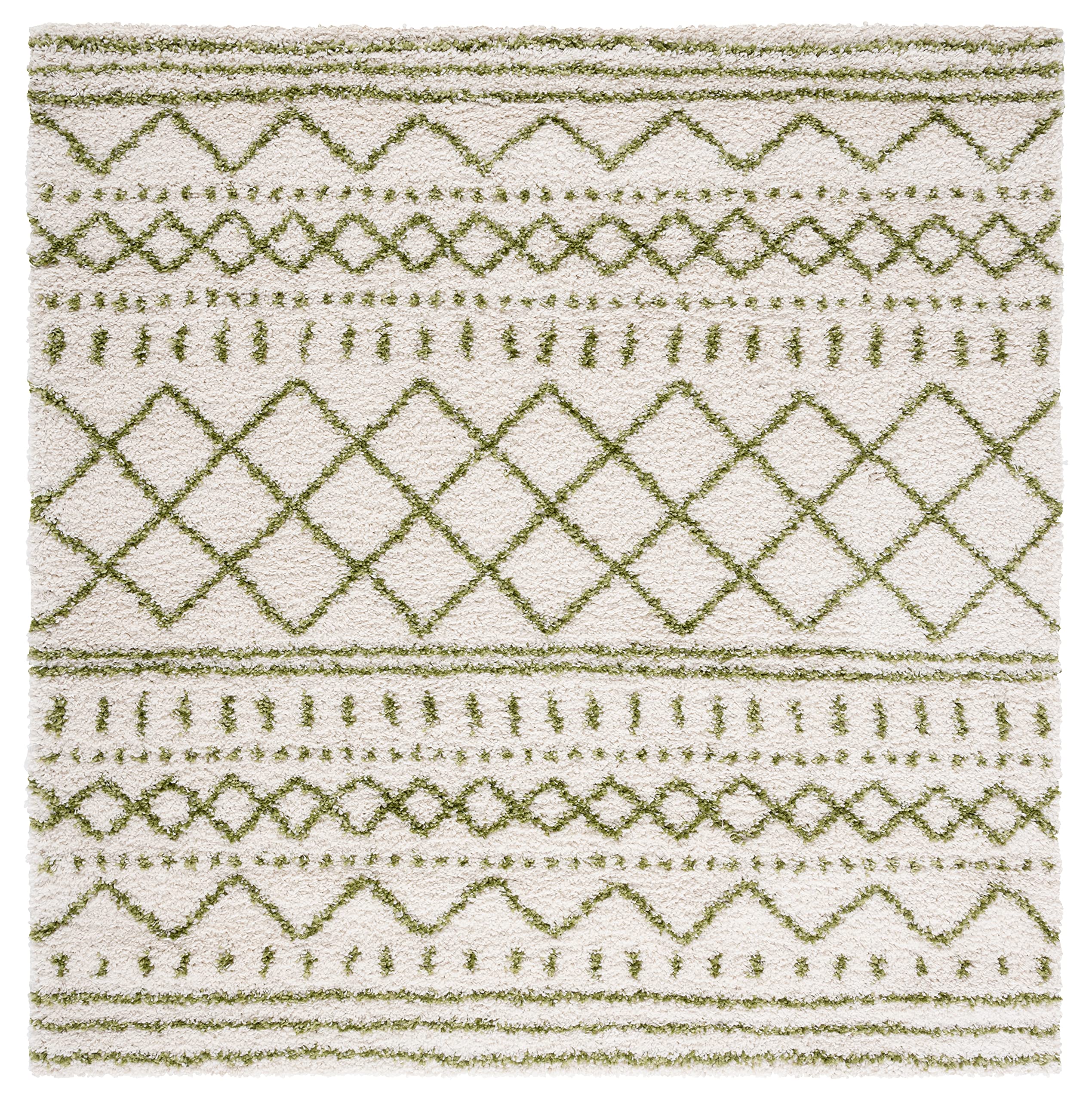 SAFAVIEH Arizona Shag Collection Area Rug - 5'1" Square, Ivory &amp; Green, Moroccan Boho Design, Non-Shedding &amp; Easy to Clean, Ideal for Living Room, Bedroom, Dining Space (ASG741Y)