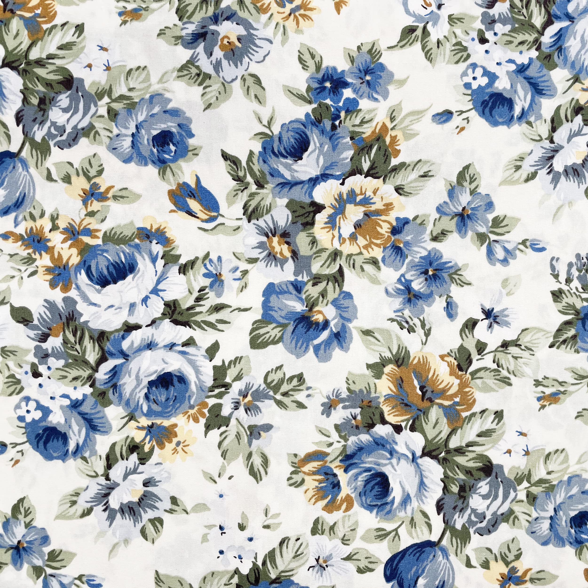Glamour Secrets Blue Cotton Fabric - Vintage Roses On Ivory - Craft Fabric Material Metre
