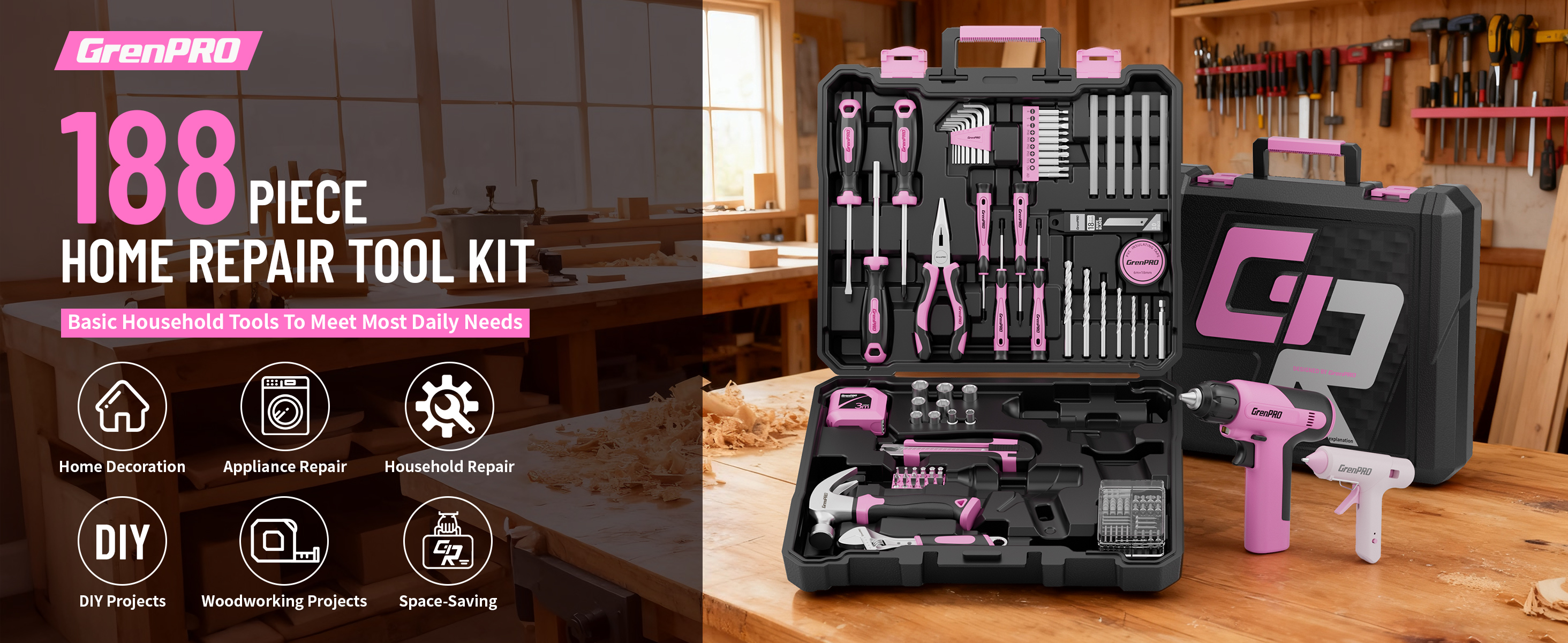 GRENPRO Pink Tool Set Drill Set, 188PCS Tool Kit For Home with