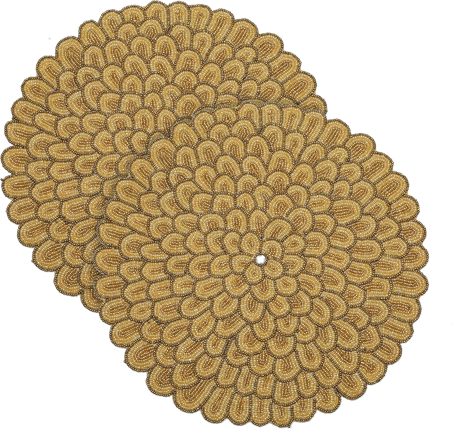 Farmhouse Beaded Placemats Set of 2 for Dining Table- 13 inch Gold Multi Color, Beaded Placemats Round for Gathering, Occasional Decoration and Family Parties Celebrations, Halloween