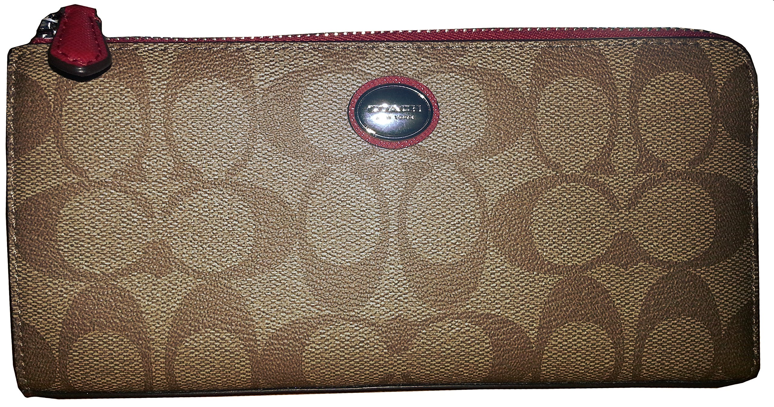 Coach Peyton Signature Slim Zip Wallet F49964 Khaki and Red