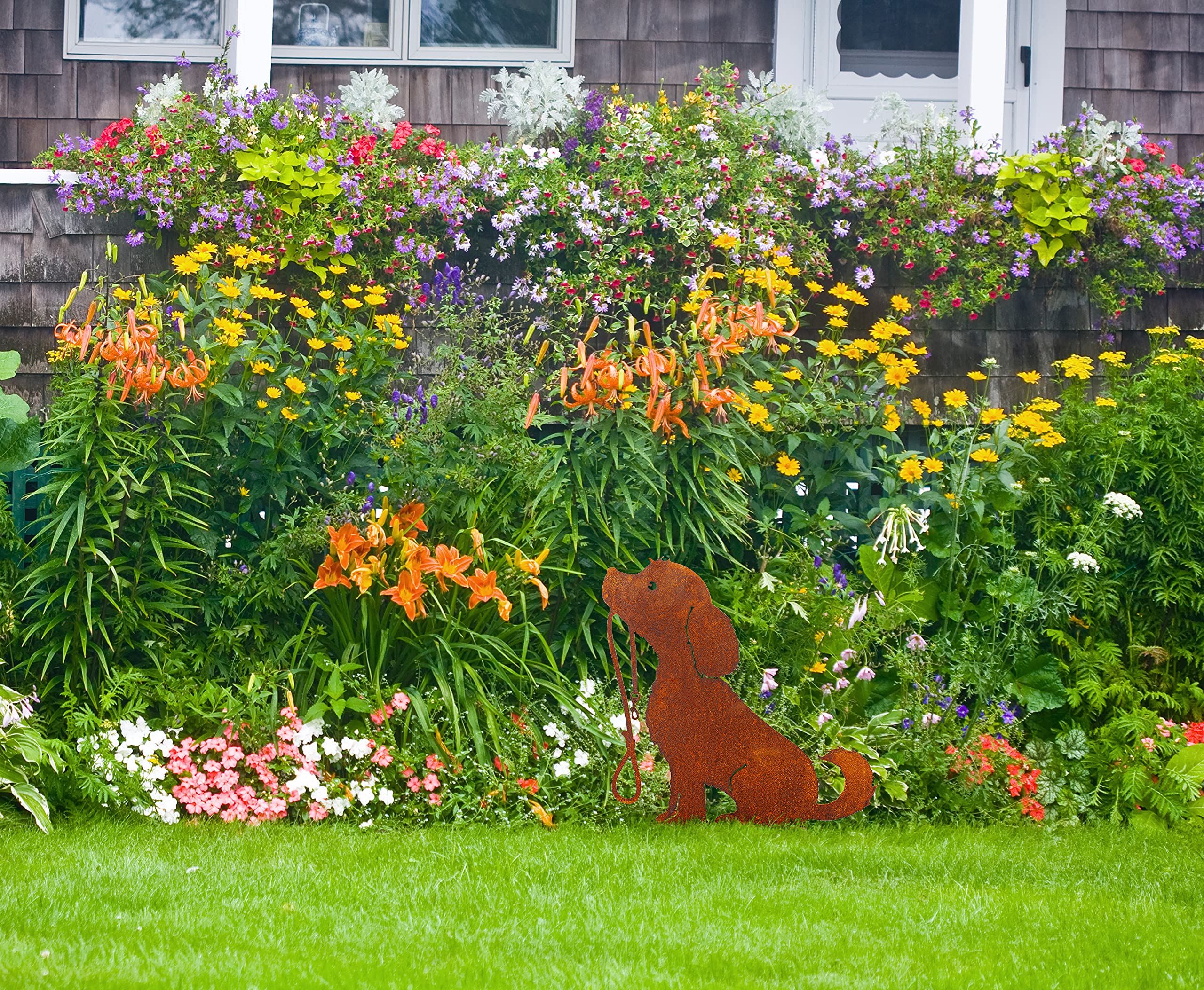 Statua da giardino per cani, in metallo effetto ruggine, decorazione per giardino, aiuole o porta di casa