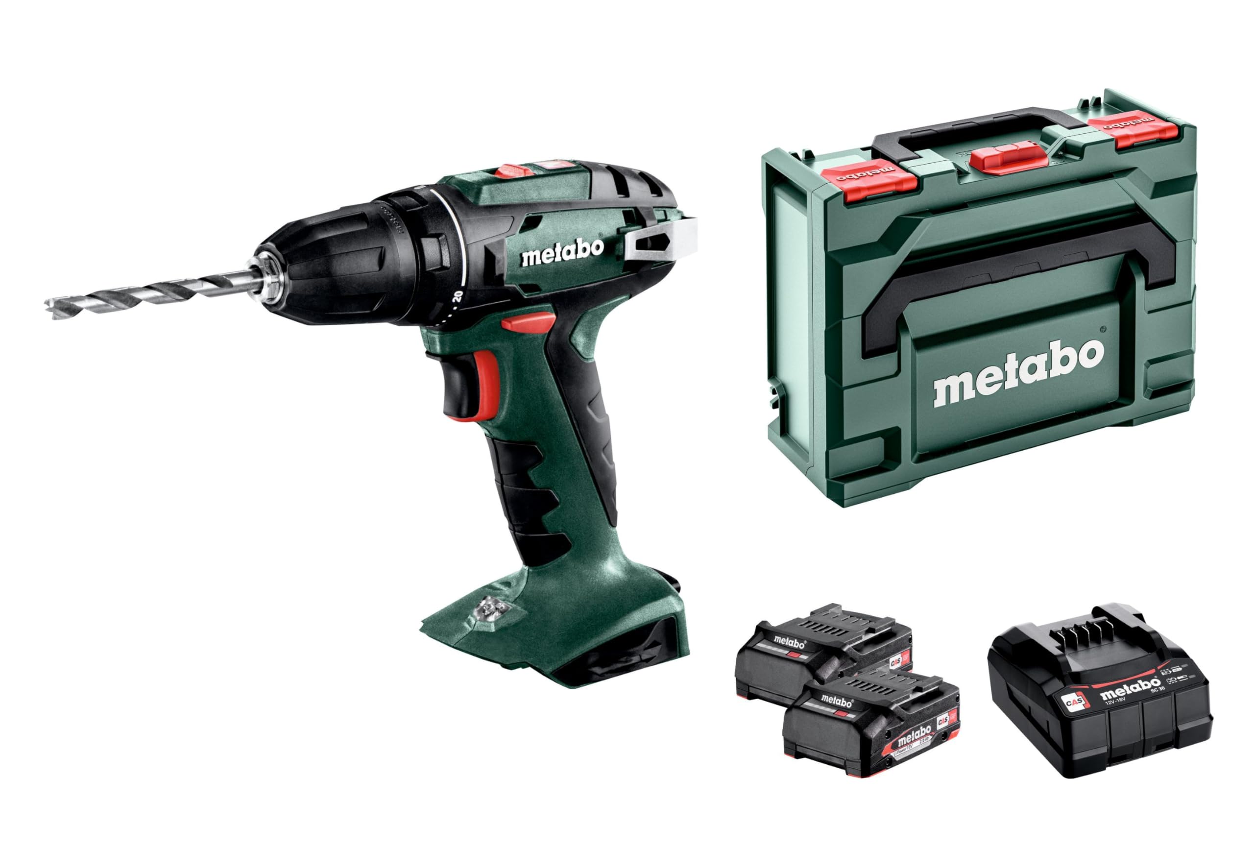 Metabo 602207560-Taladro Atornillador a Batería 18V/ 2 x 2.0 Ah Li-Ion BS 18-Portabrocas 10 mm con Maletín, 18 V, Negro, Verde