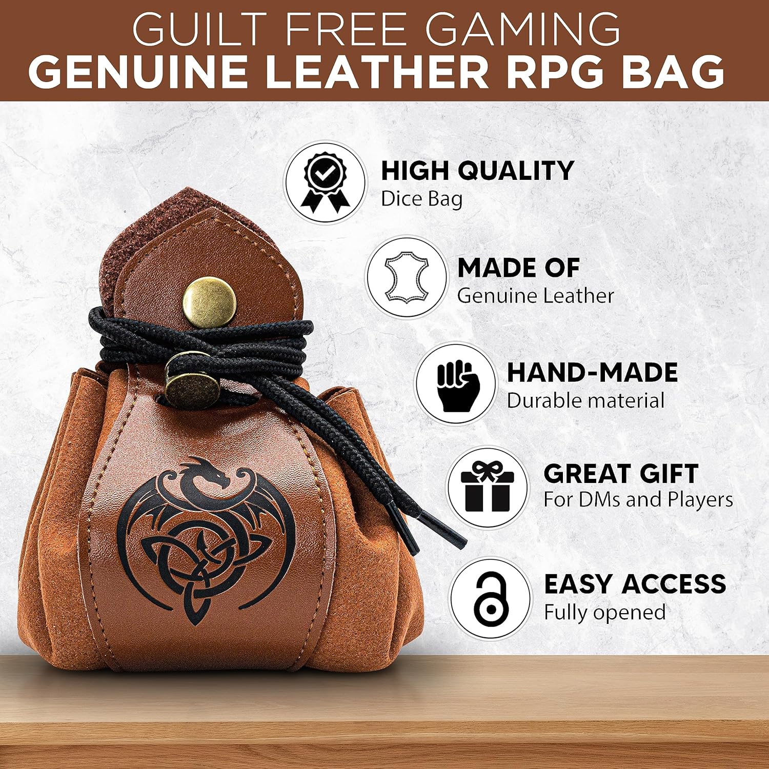 Guilt Free Gaming Genuine Leather RPG Bag | Foil Stamped | Holds 40+ Dice | Great for Coins | Timeless Style | Great for DMs and Players