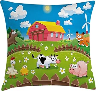Lunarable Cartoon Throw Pillow Cushion Cover, Farm with Cow Fox Chicken Pig Horse in The Fences Countryside Rural Design, Decorative Square Accent Pillow Case, 26" X 26", Multicolor