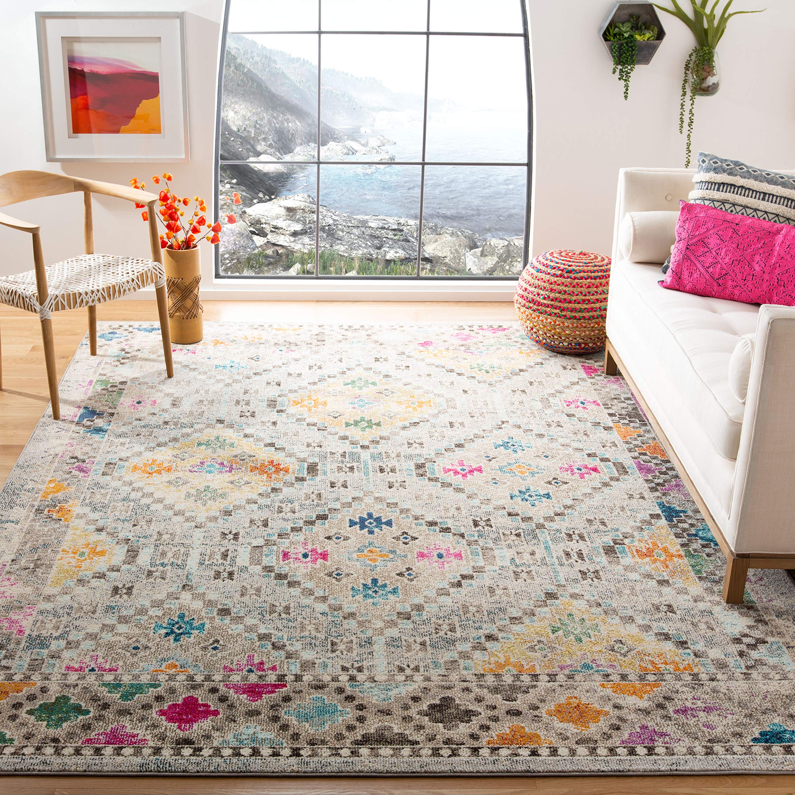 SAFAVIEH Madison Collection Area Rug - 10' x 14', Grey & Yellow, Boho Diamond Distressed Design, Non-Shedding & Easy Care, Ideal for High Traffic